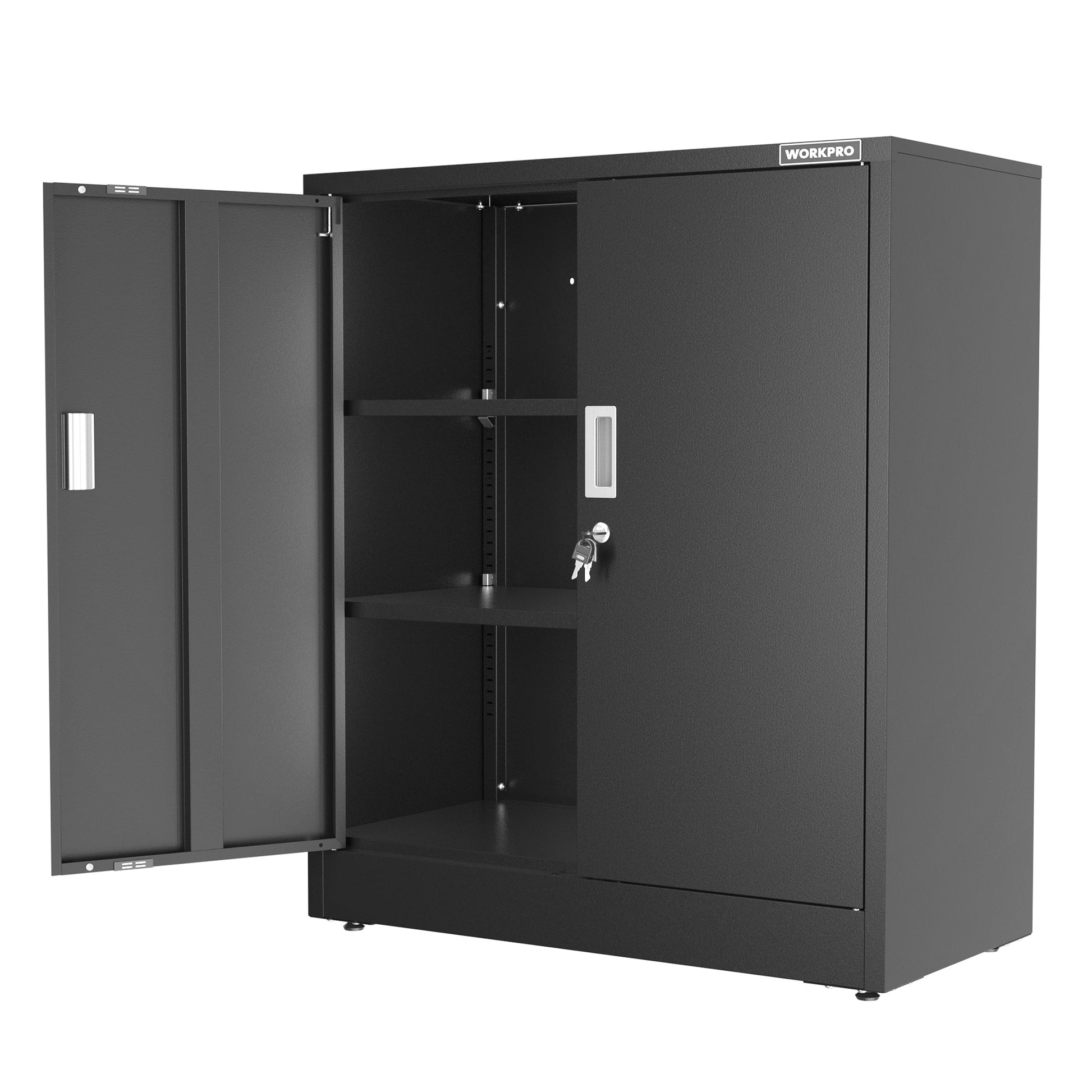 Black metal storage cabinet with two doors open to show interior shelves