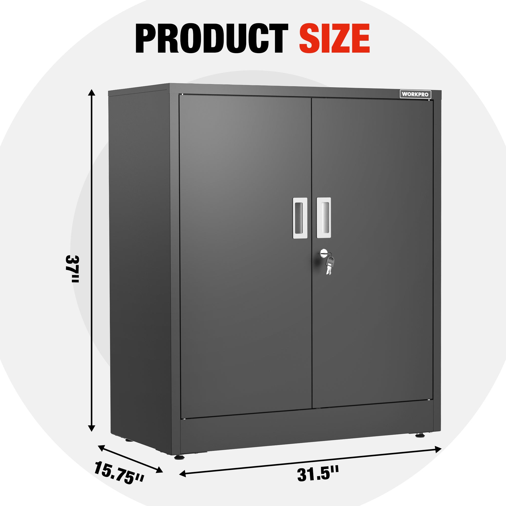Black metal storage cabinet with two doors, interior shelves, and keyed lock