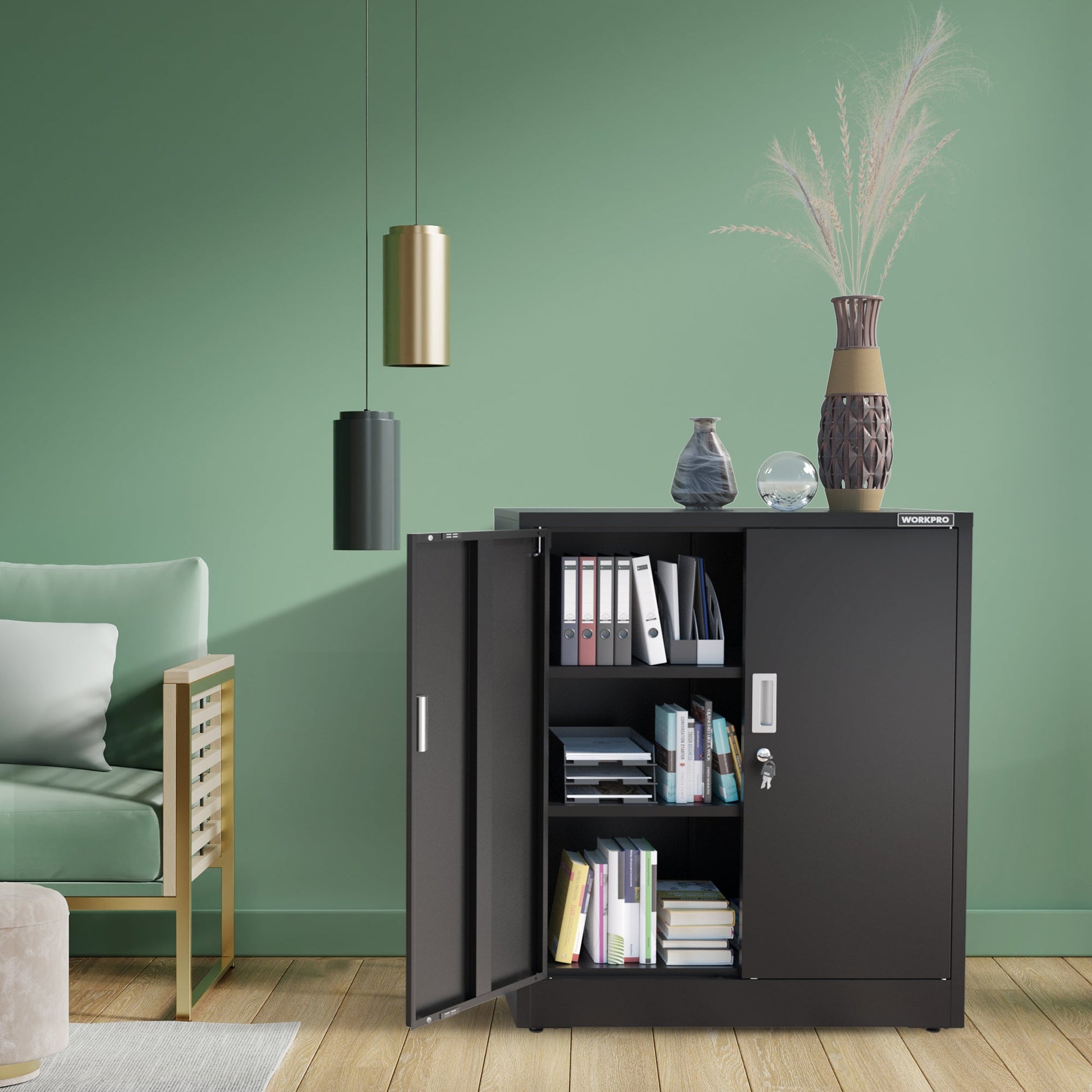 Black metal cabinet with two doors and interior shelving in a home setting