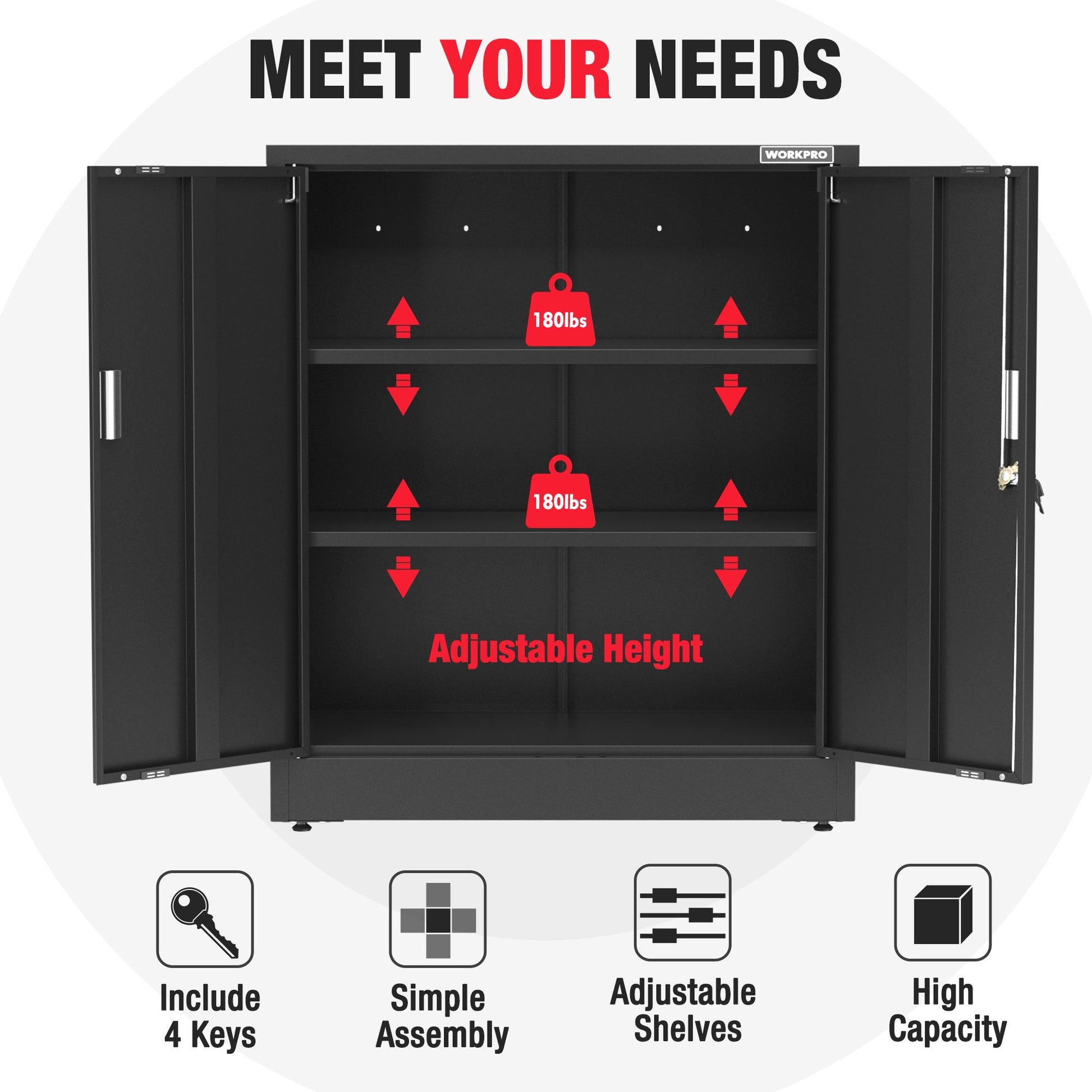 Black metal storage cabinet interior with adjustable shelves and two-door access