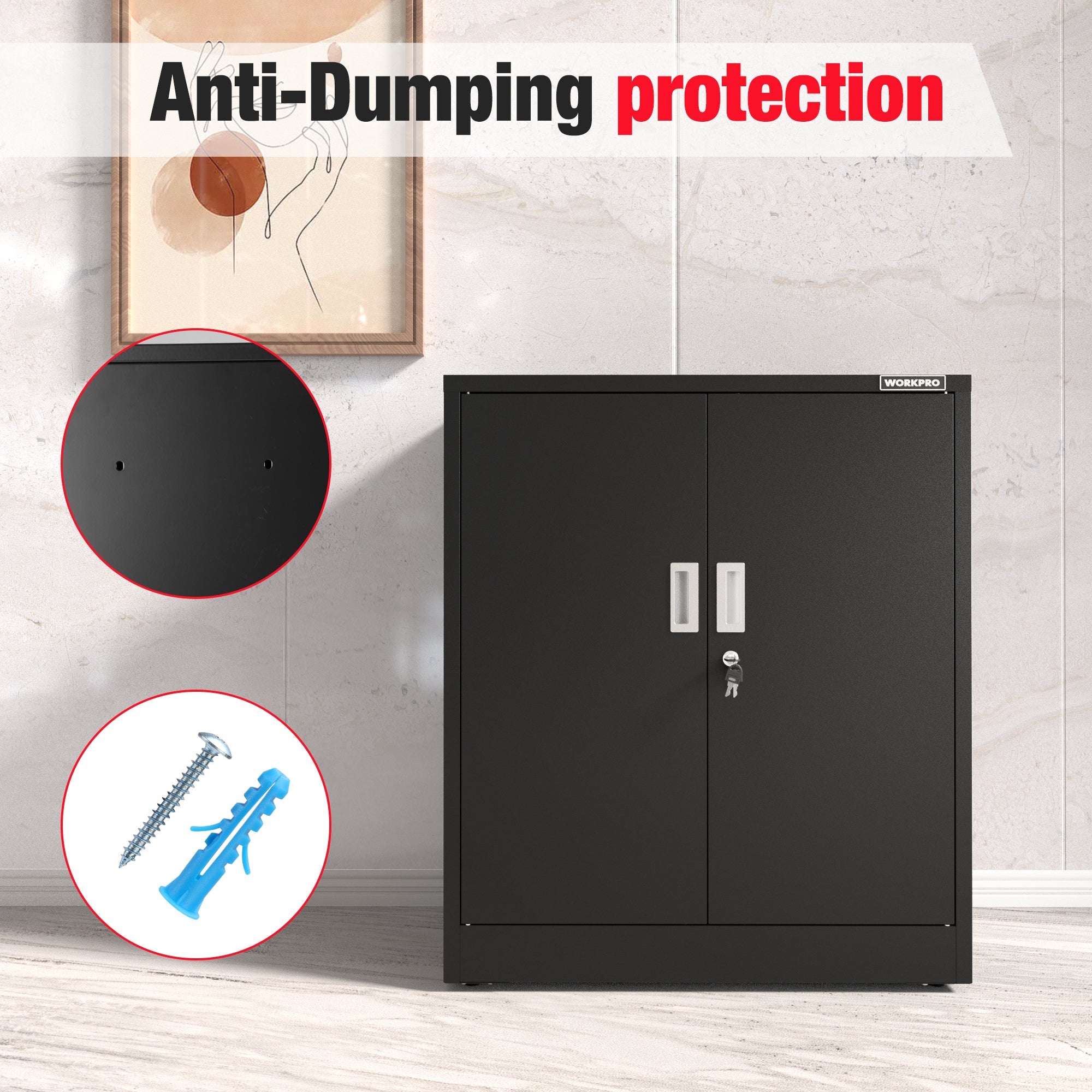 Black metal cabinet with double doors and lock, shown with anti-dumping protection