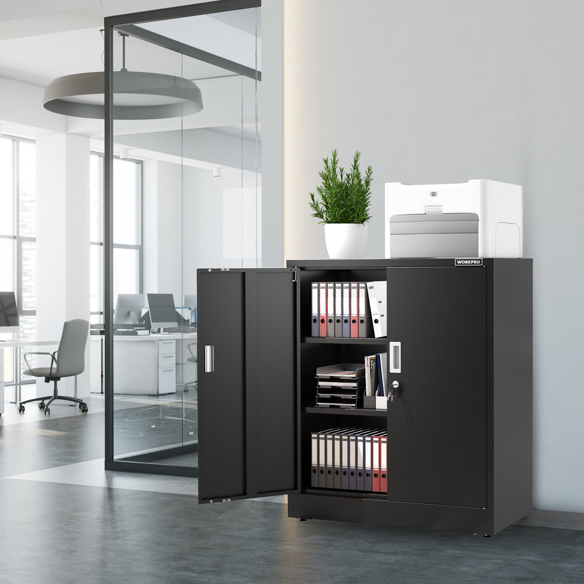 Black metal storage cabinet with two doors open, holding office binders and folders
