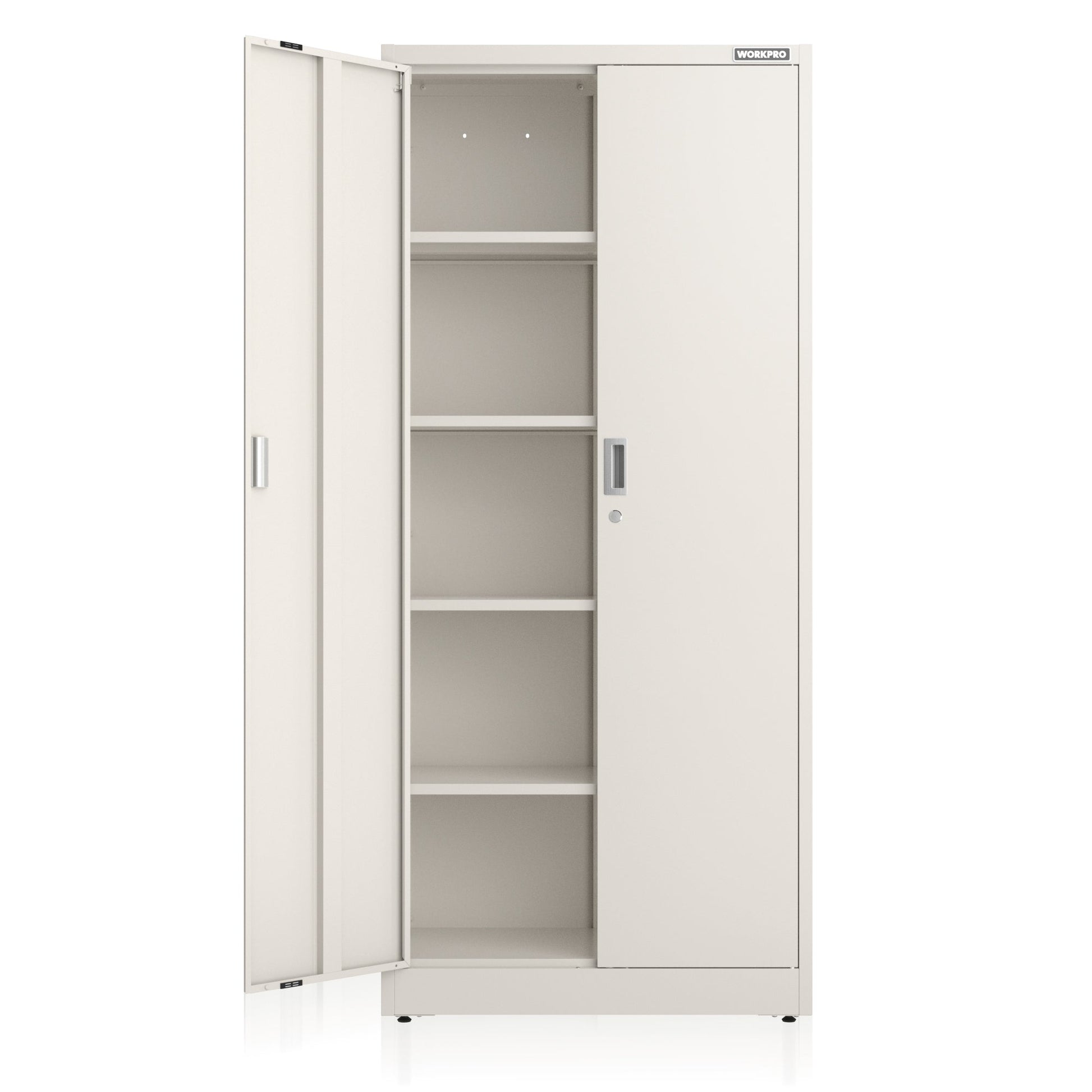 White freestanding metal cabinet with double doors open and 5 interior shelves