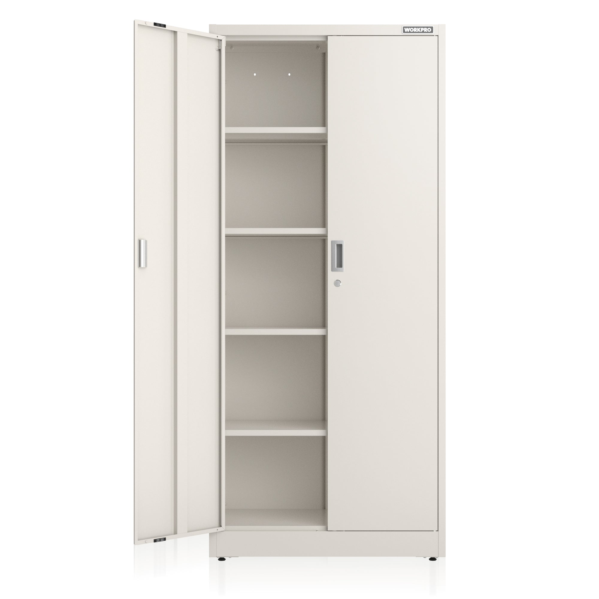 White freestanding metal cabinet with double doors open and 5 interior shelves