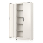 White freestanding metal storage cabinet with doors open and adjustable interior shelves