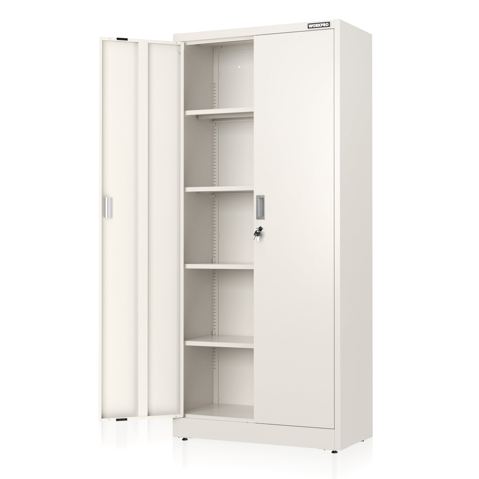 White freestanding metal storage cabinet with doors open and adjustable interior shelves