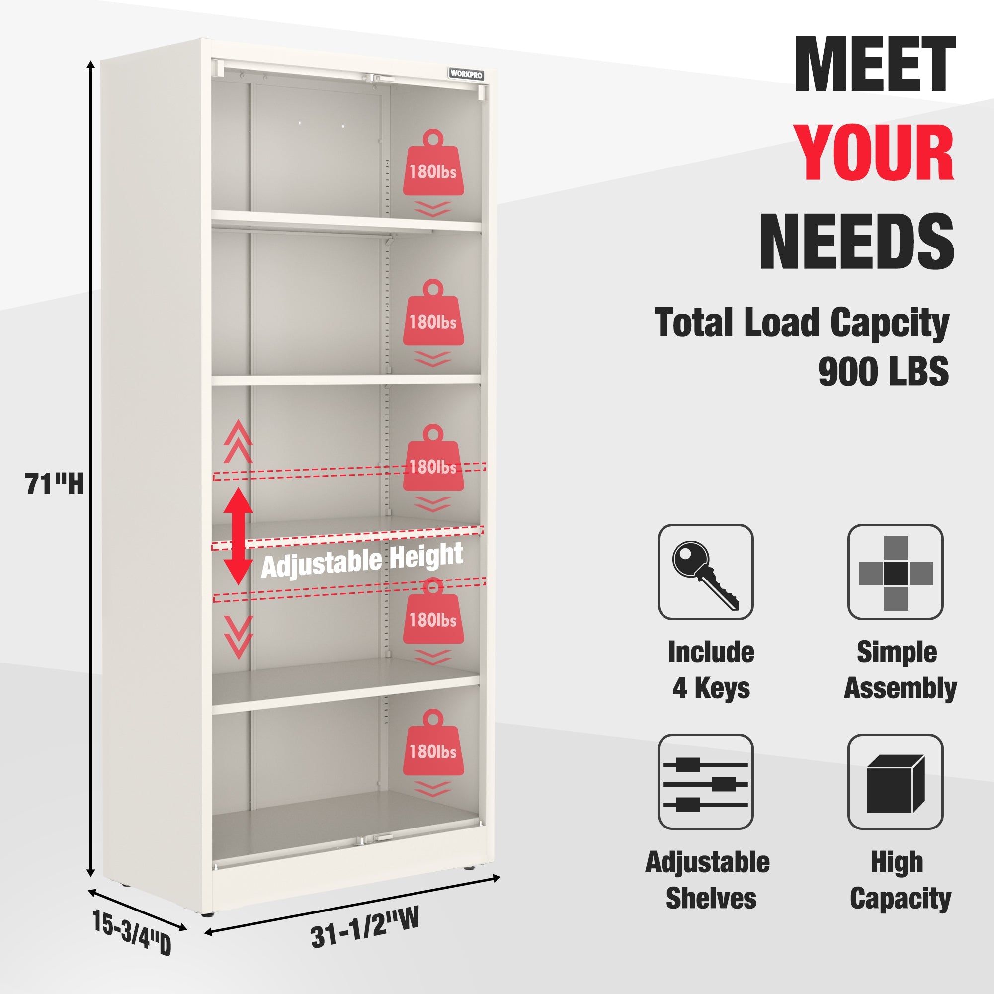White metal cabinet with adjustable-height shelves and total load capacity diagram