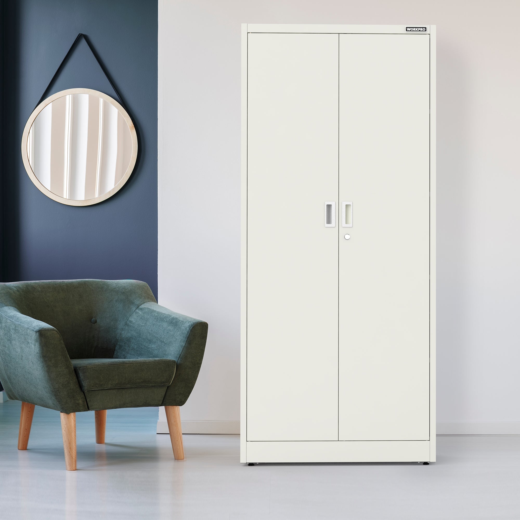 White freestanding metal cabinet with double doors and vertical handle pulls