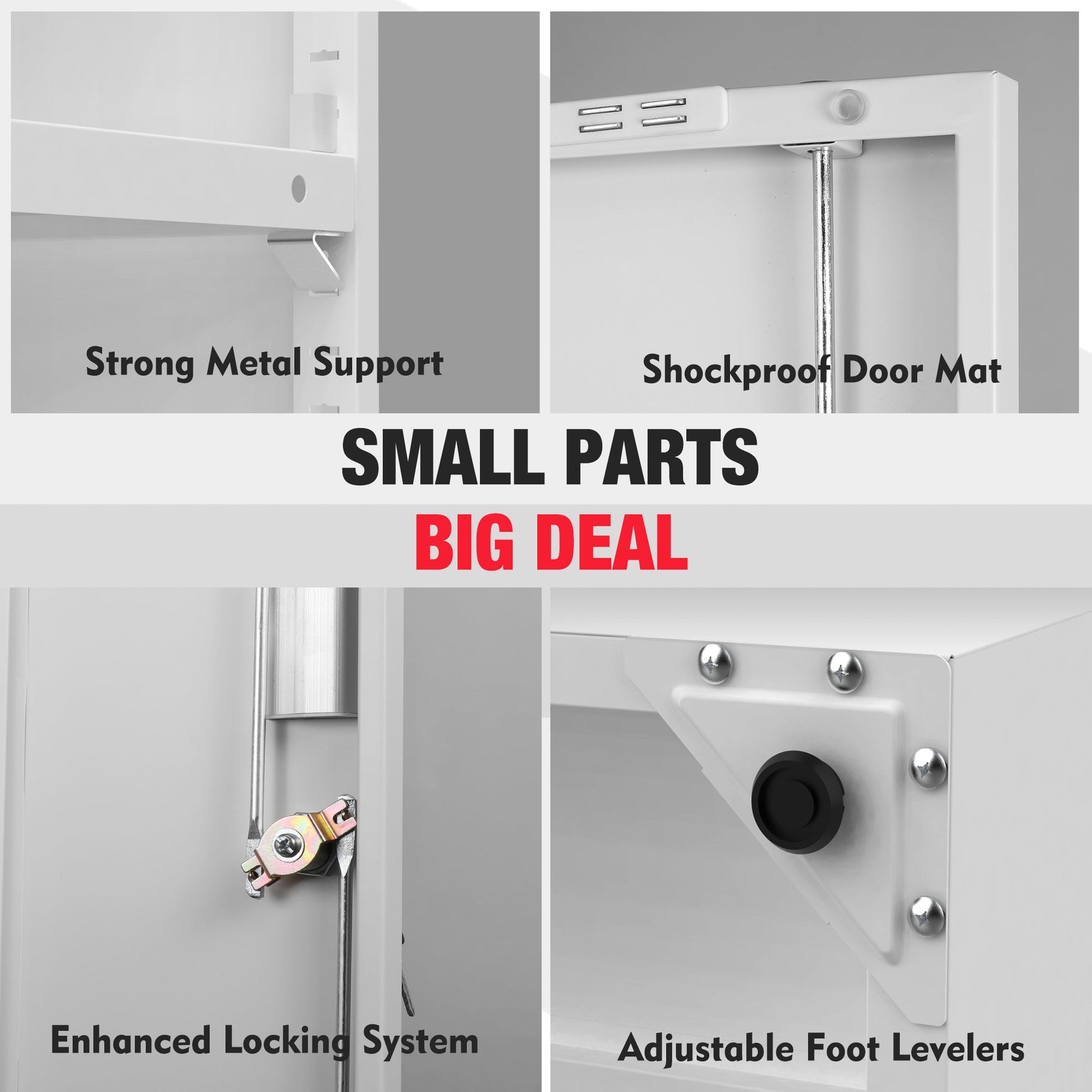 White metal cabinet hardware details: enhanced locking, door mat, adjustable leveling feet