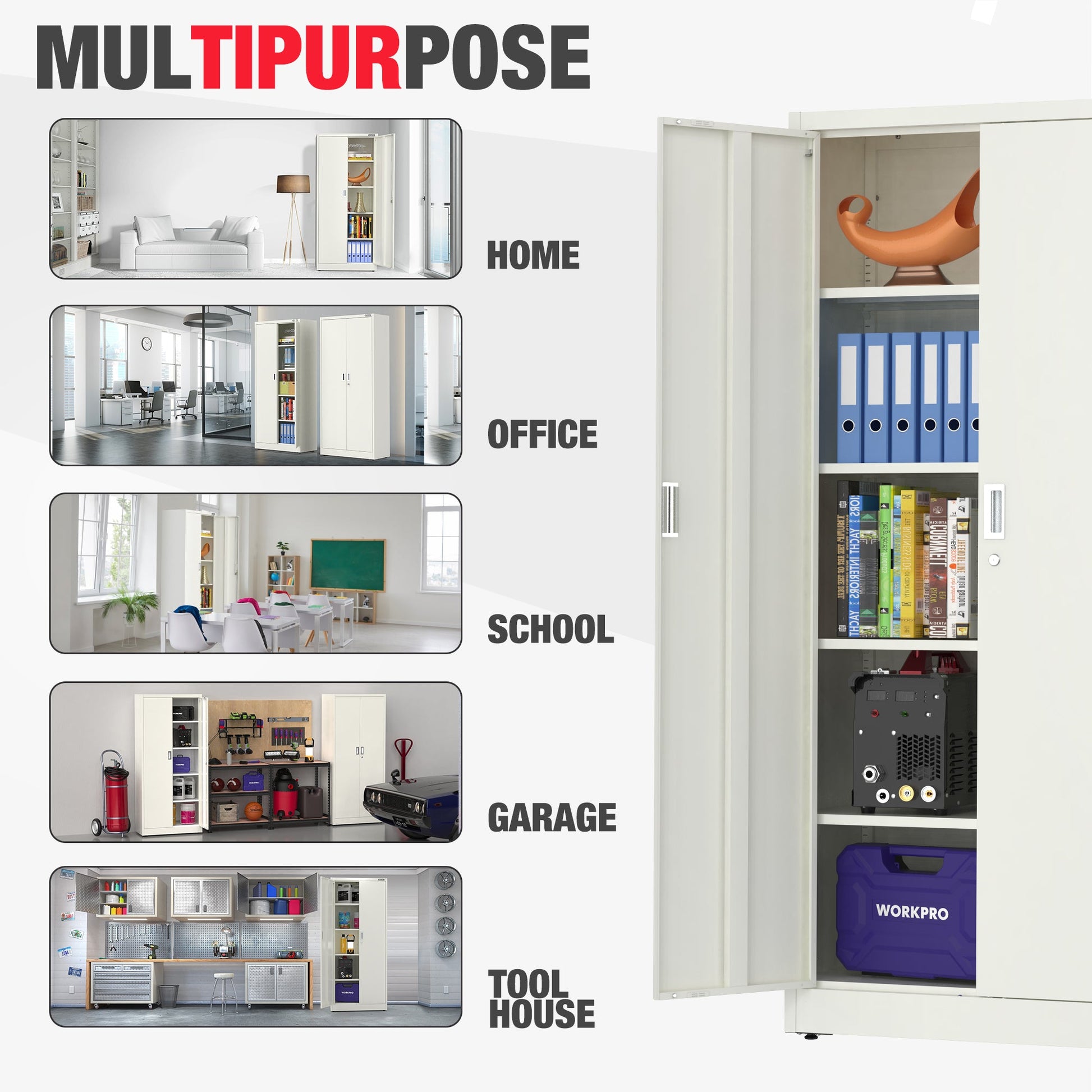White metal cabinet shown for multiuse storage in home, office, school, and garage