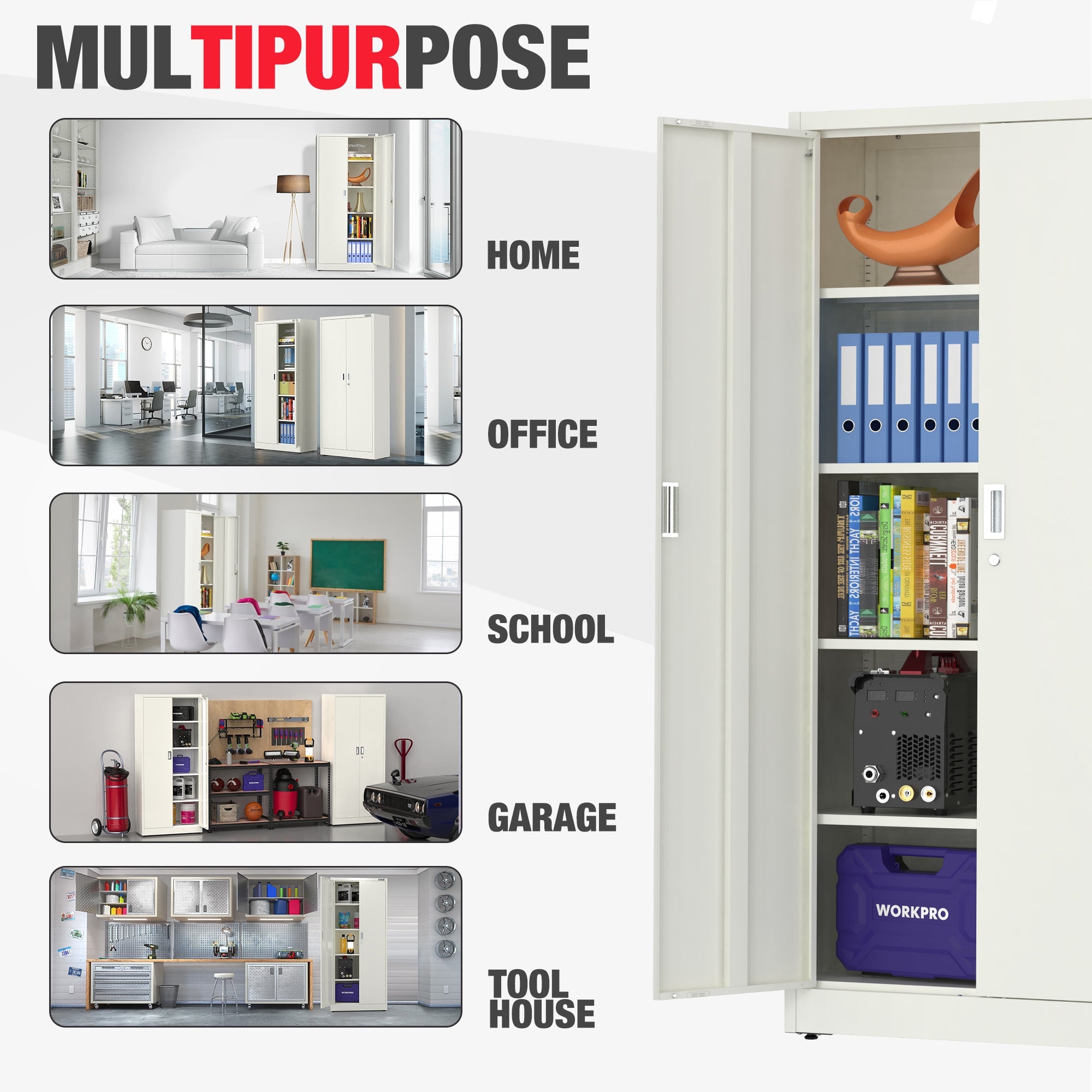 White metal cabinet shown for multiuse storage in home, office, school, and garage