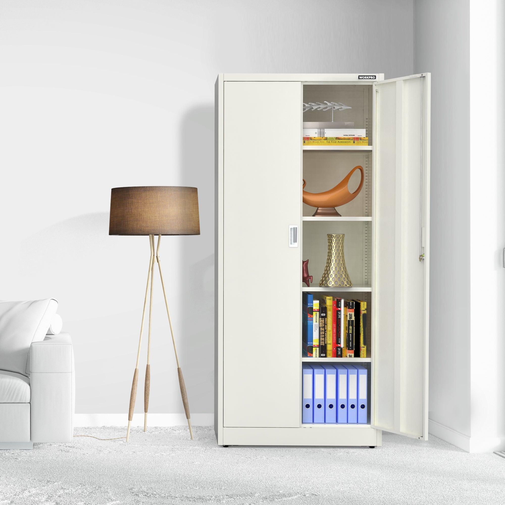 White metal storage cabinet with doors open, books on shelves, and purple binders