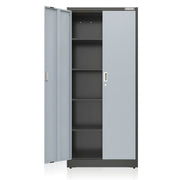 Gray metal garage cabinet with double doors open, showing multiple interior shelves