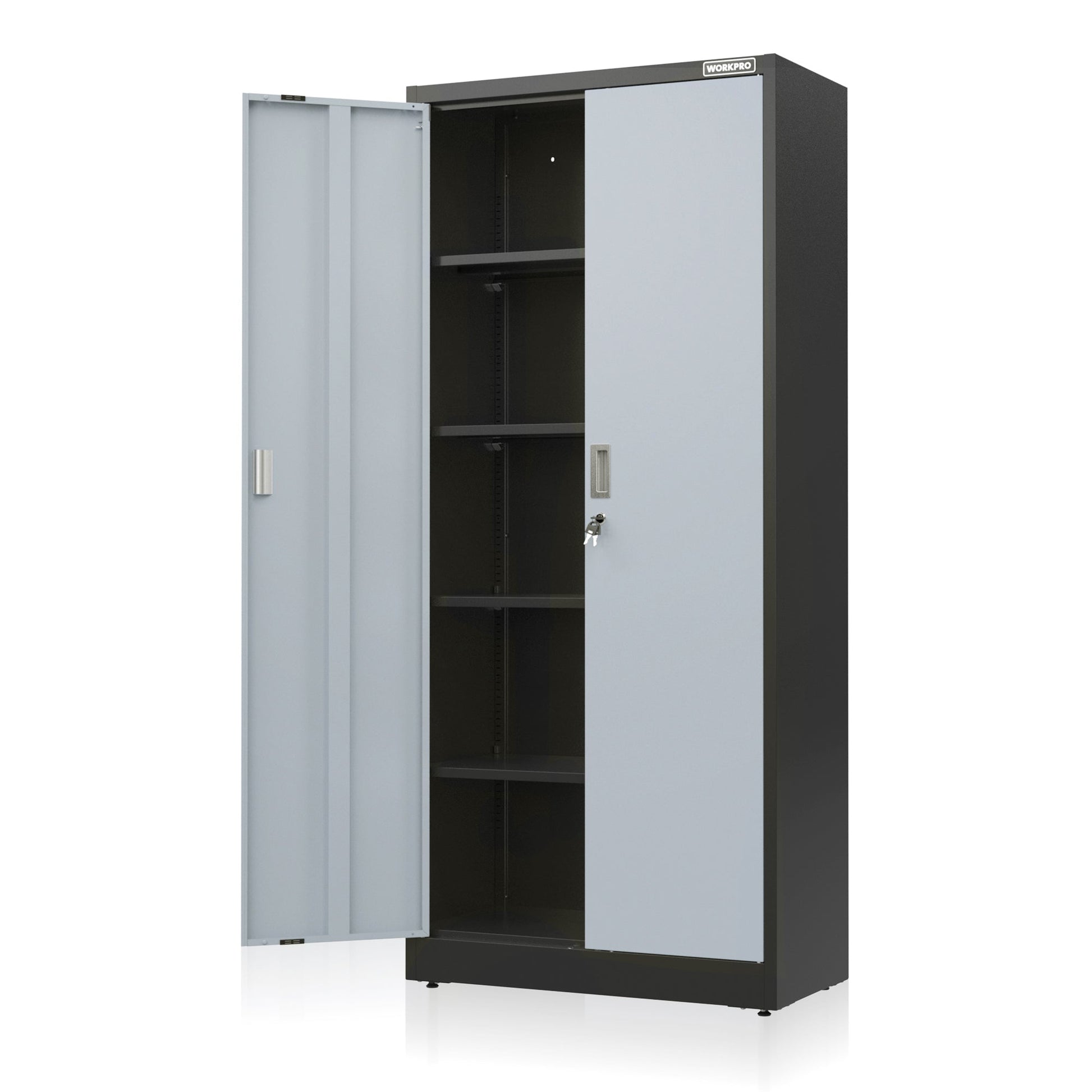 Gray metal storage cabinet with double doors open and adjustable shelves inside