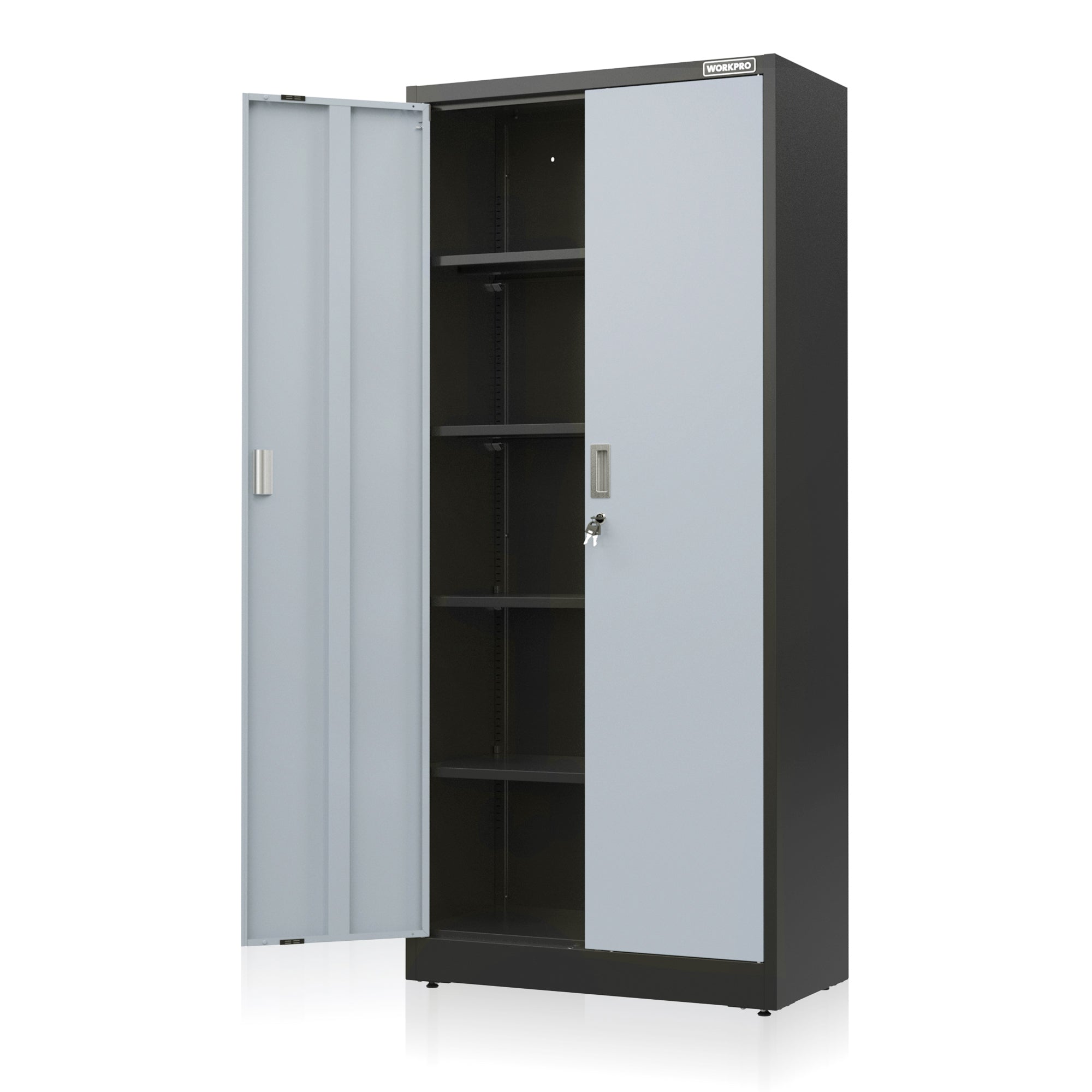 Gray metal storage cabinet with double doors open and adjustable shelves inside