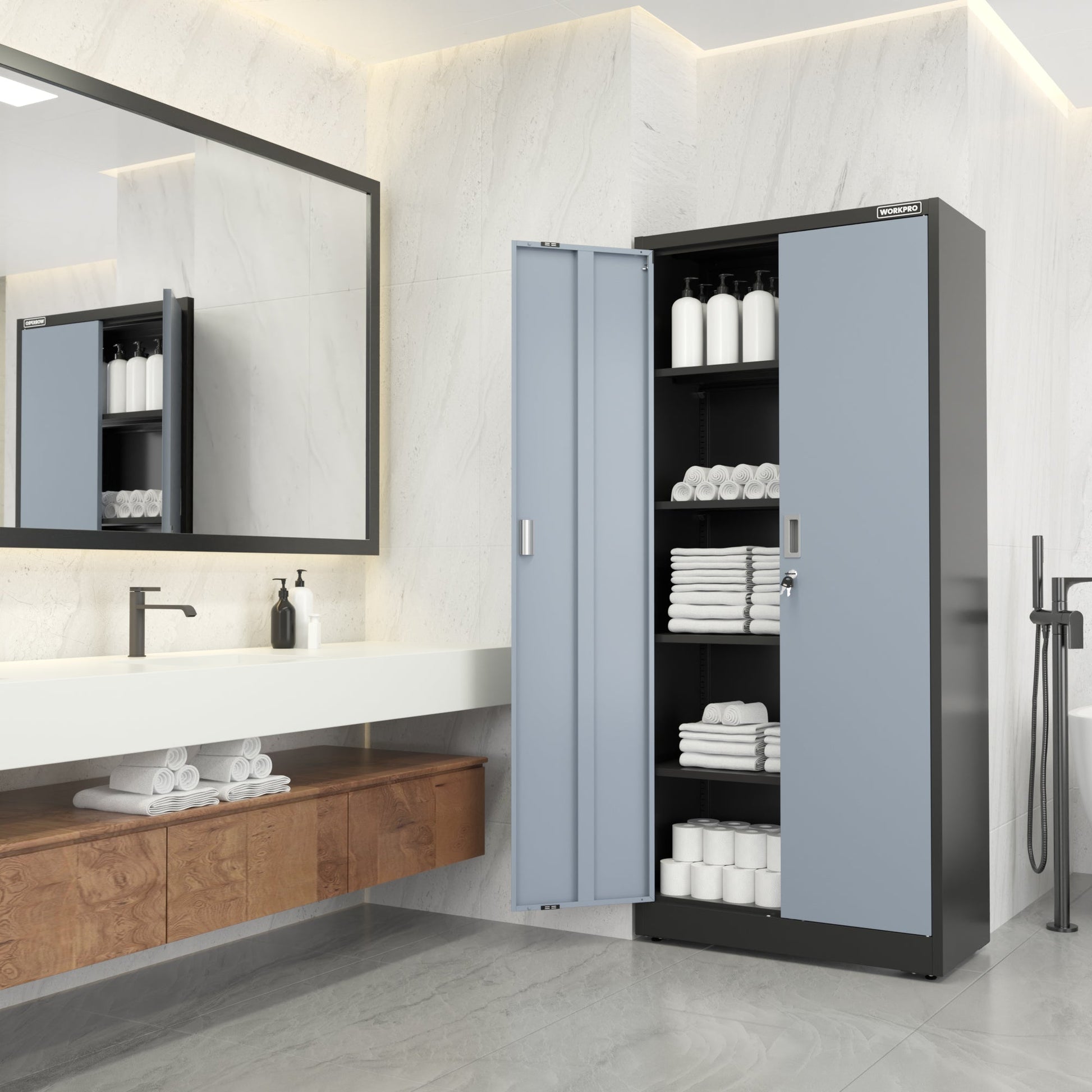 Gray metal cabinet with double doors open, storing neatly arranged items on shelves