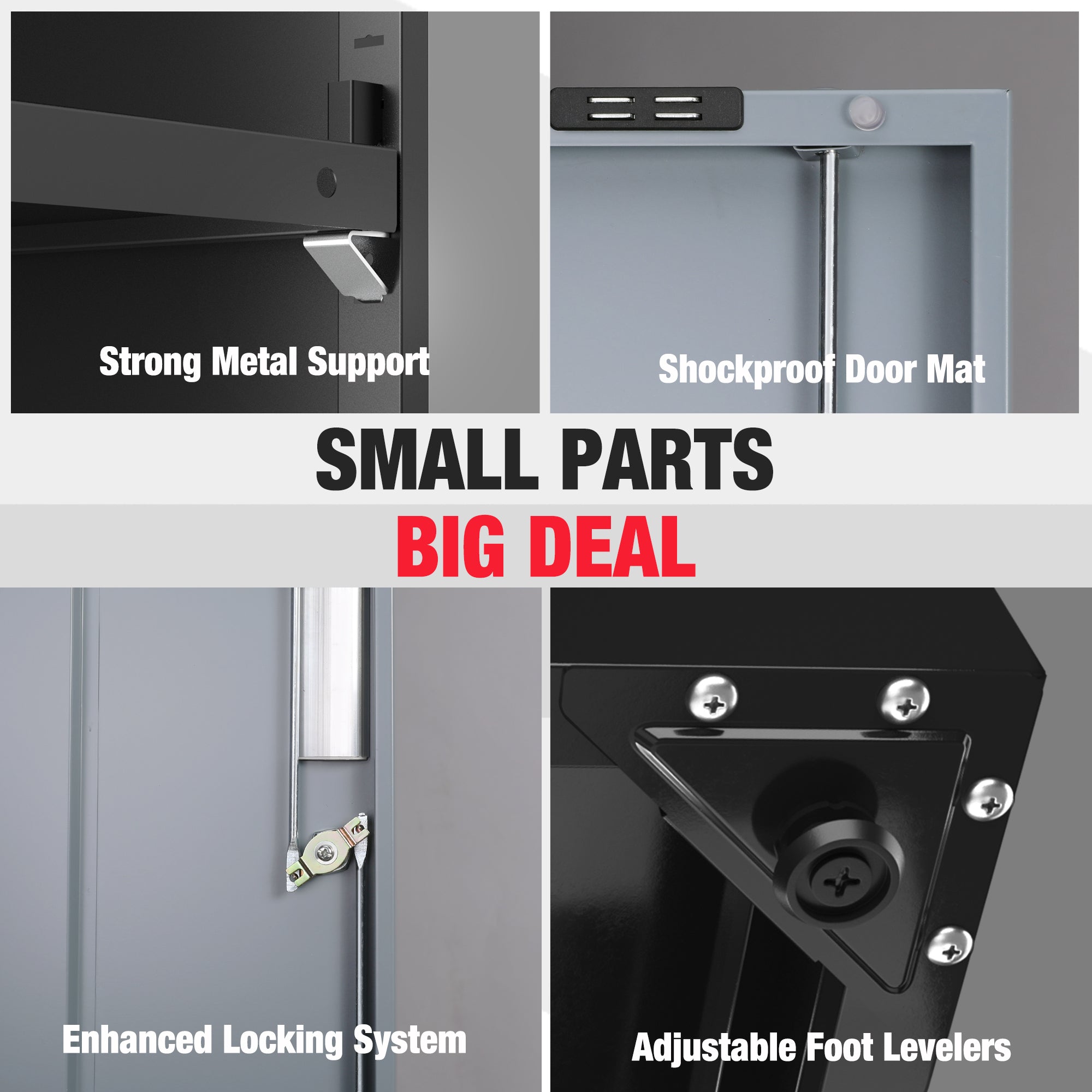 Metal cabinet door mat and locking hardware detail with corner bracket