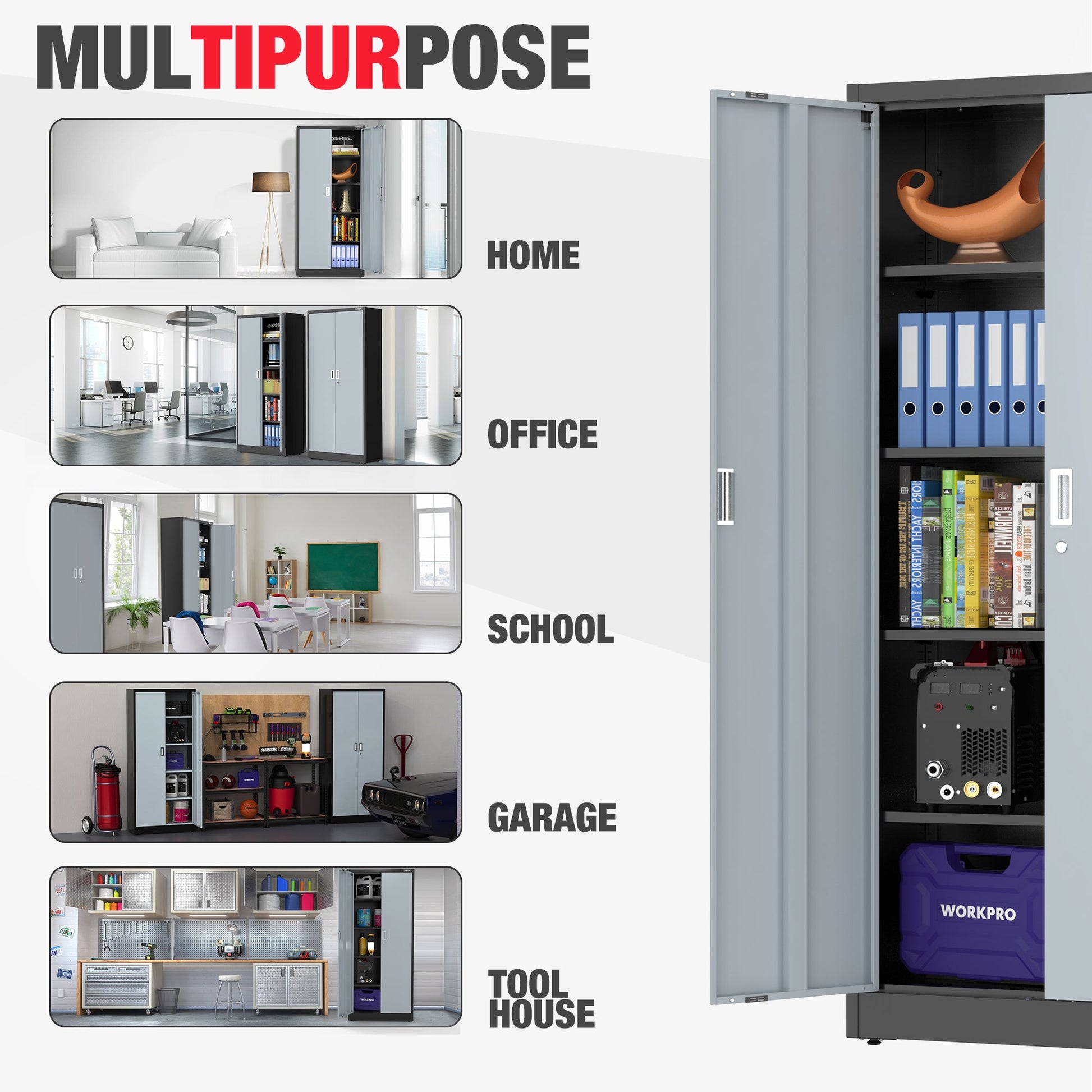 Gray metal storage cabinet with open door showing shelves and binder storage