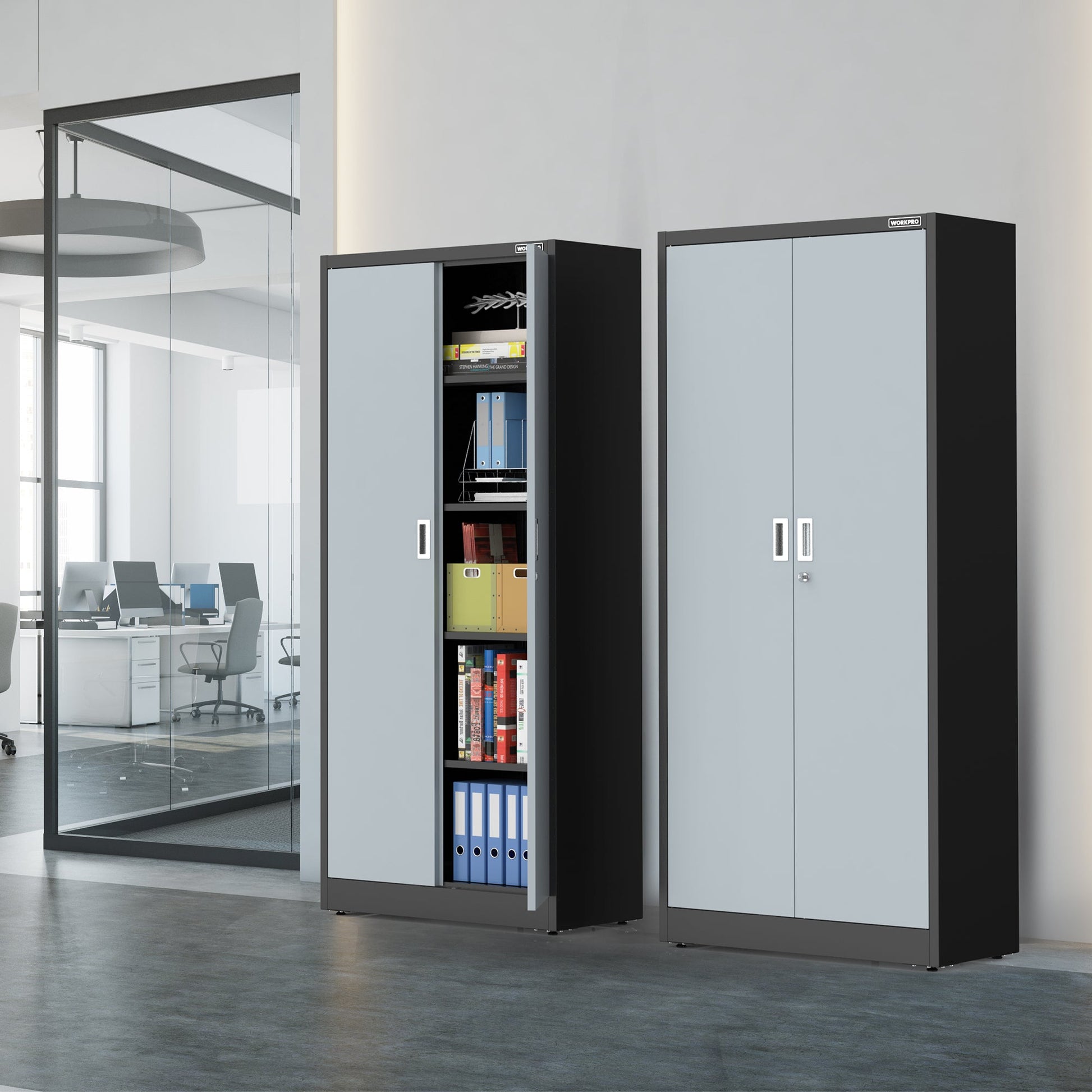 Gray metal tall cabinet with double doors open, interior shelves and folders visible
