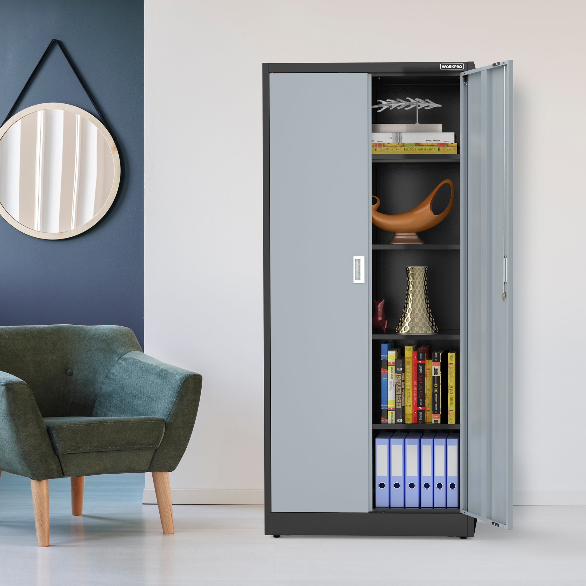 Freestanding gray metal garage cabinet with open door, shelves, and black base handles