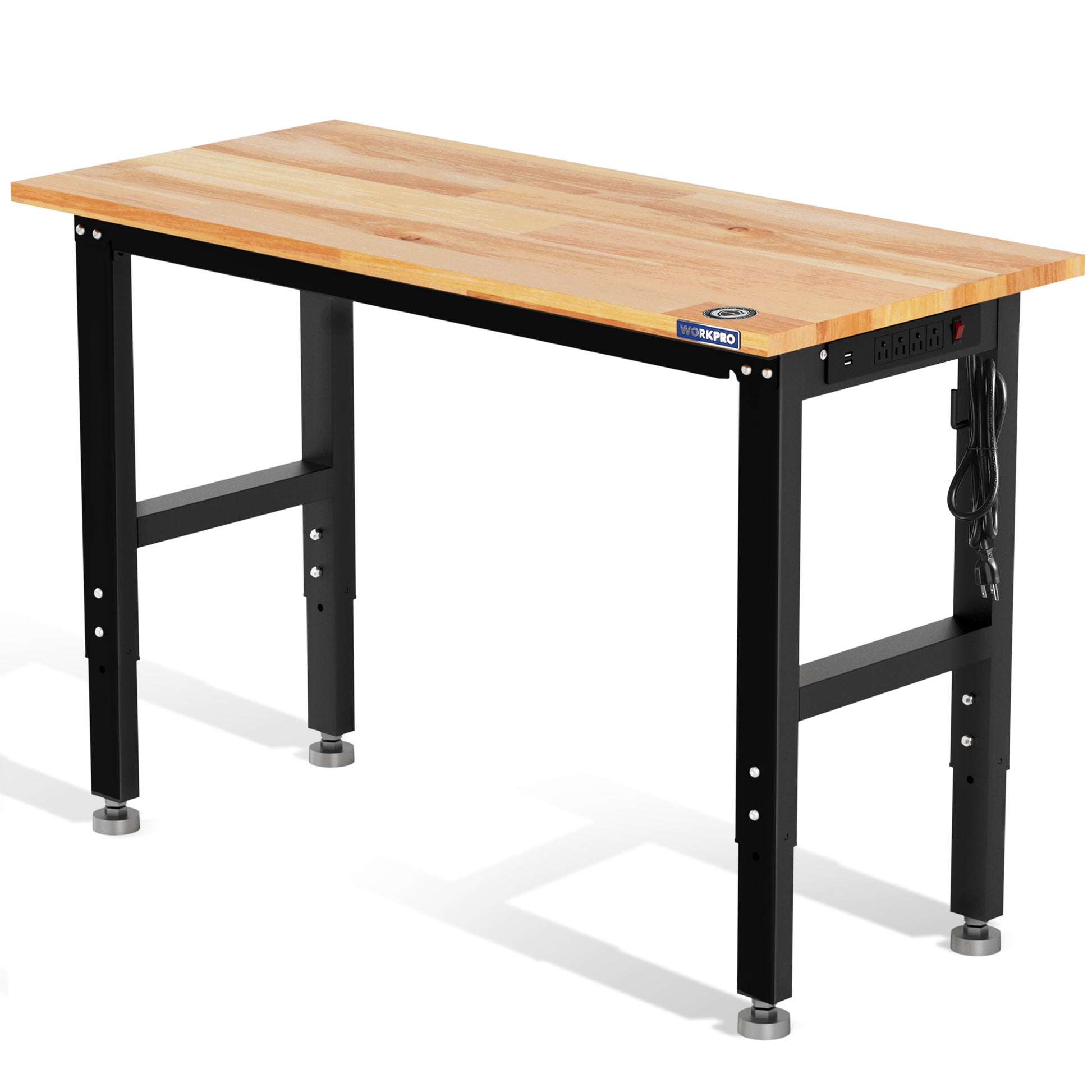 Adjustable hardwood workbench with black metal legs and built-in power strip