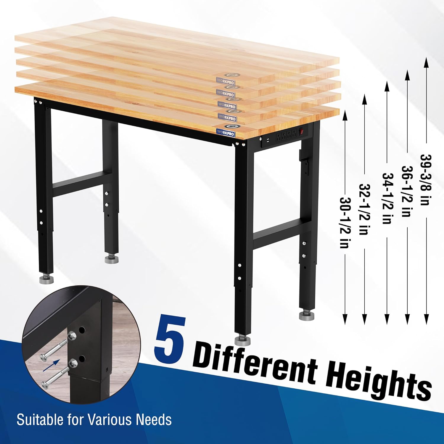 Hardwood adjustable workbench with 5 height settings and adjustable steel legs