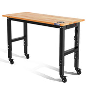 Adjustable rubber wood workbench with black steel frame and 4 locking caster wheels