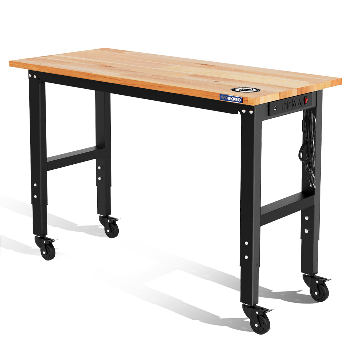 Adjustable rubber wood workbench with black steel frame and 4 locking caster wheels