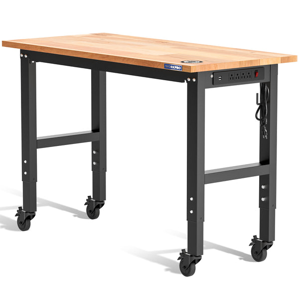 WORKPRO 48"X22" Adjustable Heavy-Duty Rubber Wood Top Workbench with Casters and Power Outlets, 1000 LBS Stationary Load Capacity