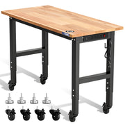 Rubber wood top workbench with black frame, power outlets strip, and caster wheels