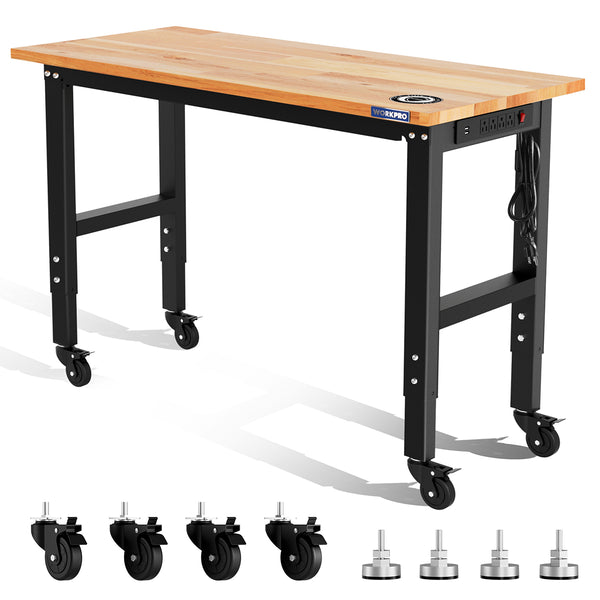 WORKPRO 48"X22" Adjustable Workbench with Casters, Leveling Foot and Power Outlets, 1500 LBS Load Capacity