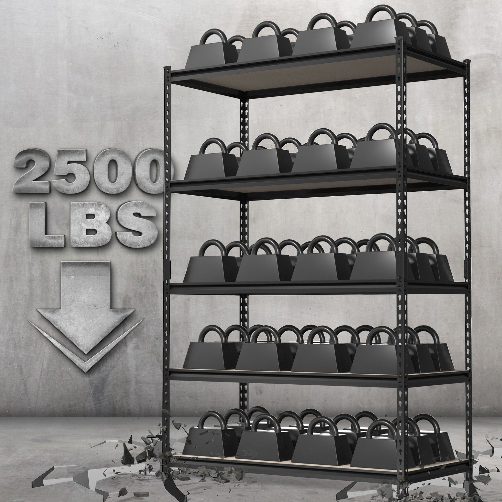 Black metal storage rack with multiple levels and upright supports for heavy items.