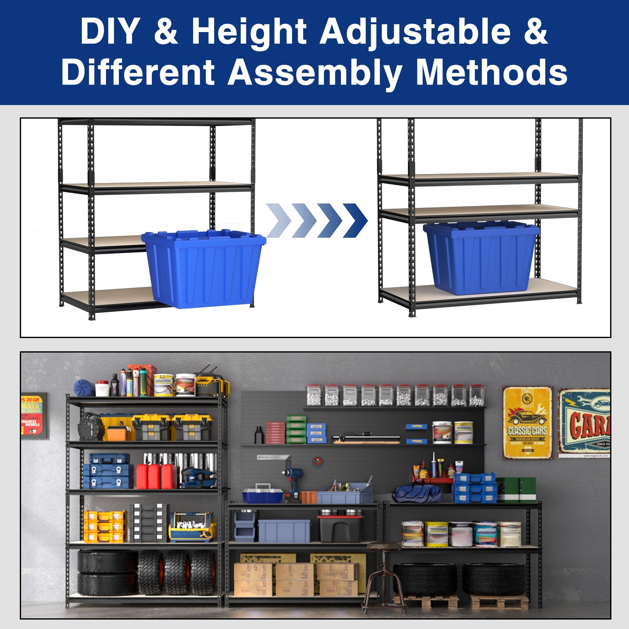Black metal storage rack with adjustable height slots, shown with stackable bins.