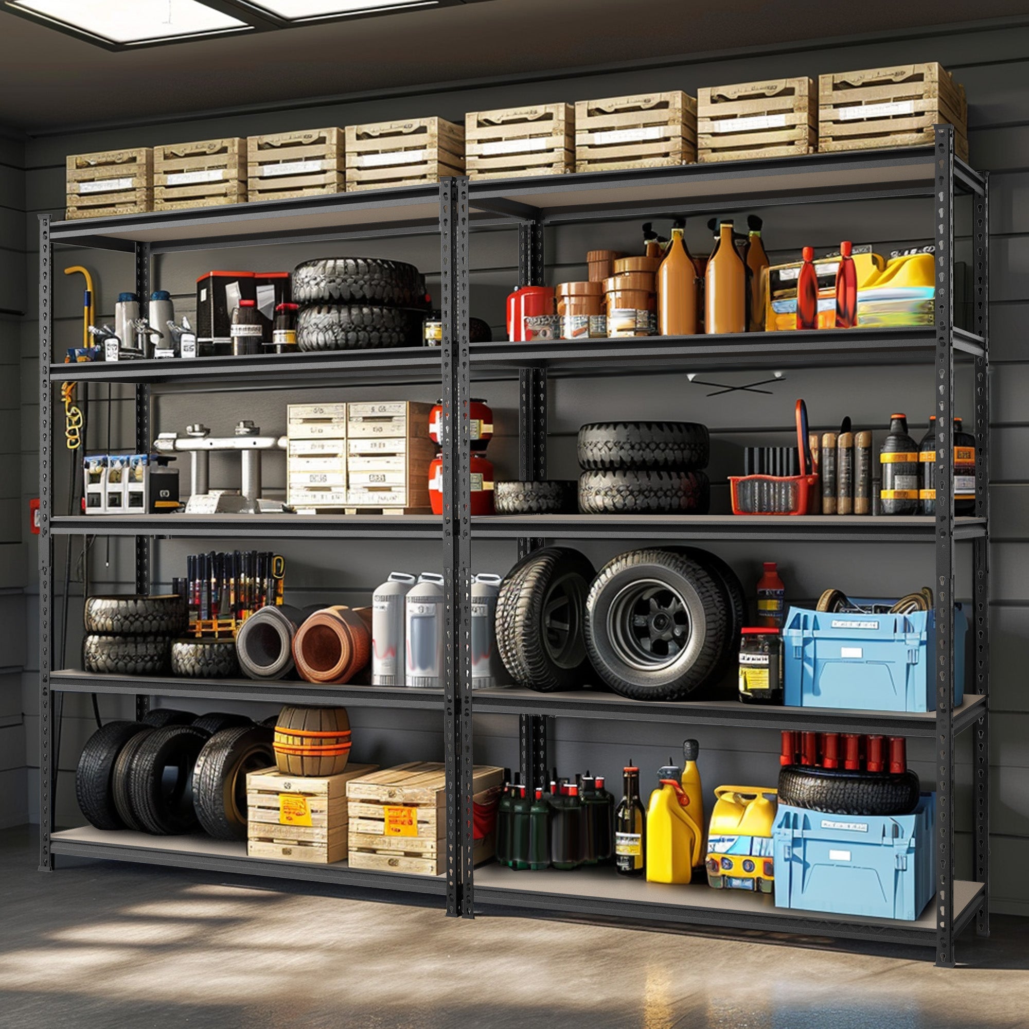 Black metal 5-tier shelving unit with open frame shelves for organizing garage supplies.