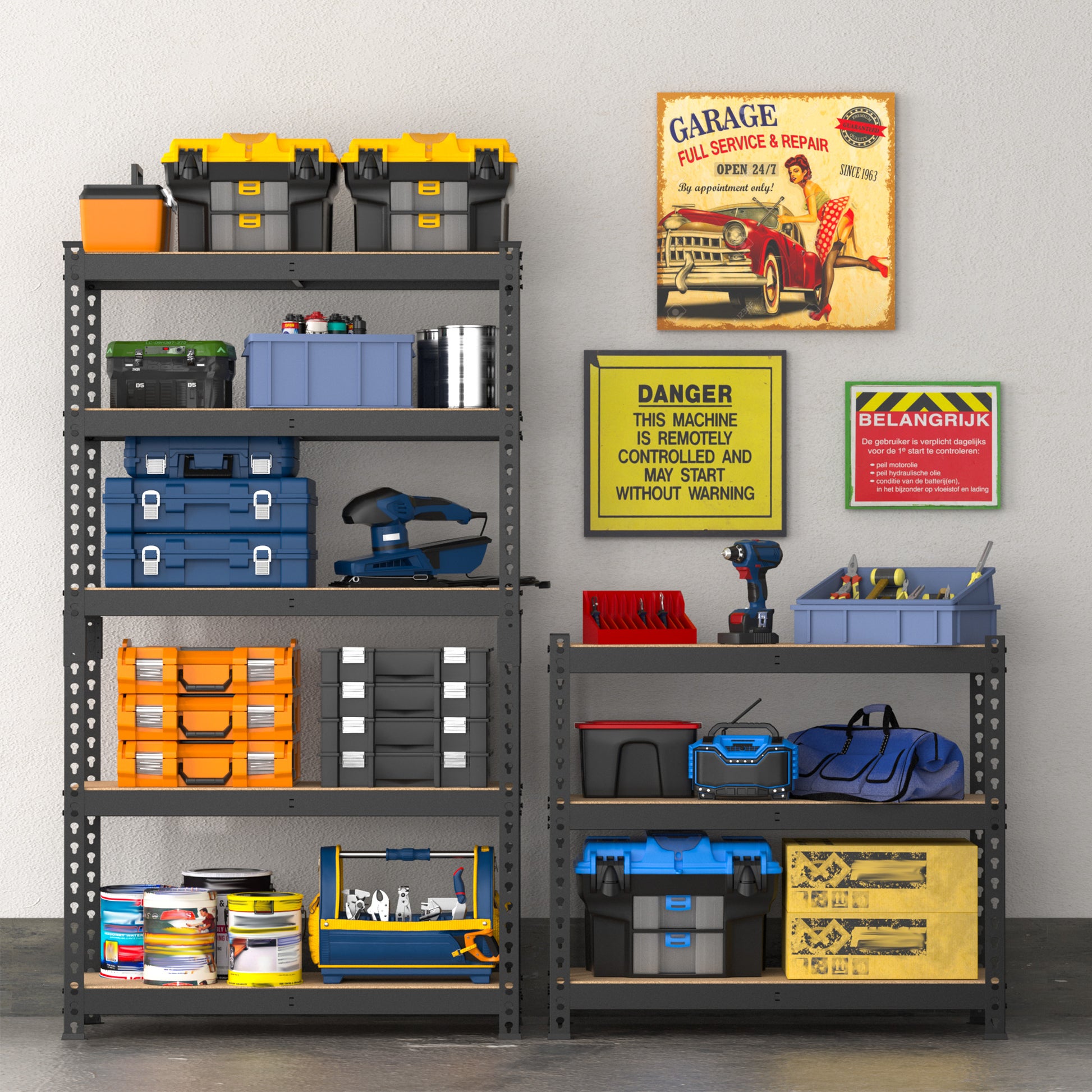 Garage-style 5-tier steel storage rack with adjustable MDF shelves for tools and bins