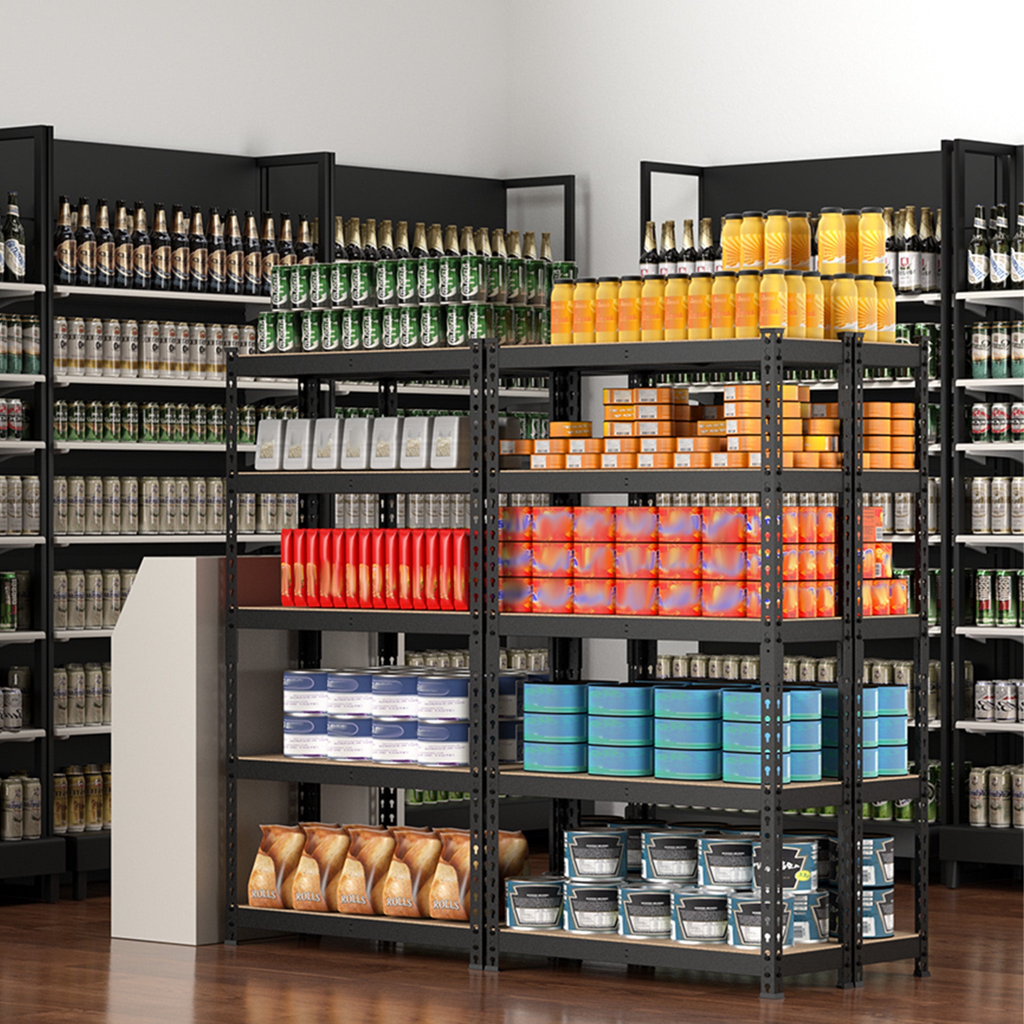 Large 5-tier black steel shelving rack with MDF boards for bottles and boxed goods