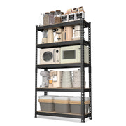 5-tier steel storage rack with MDF shelves, black frame, adjustable level shelving
