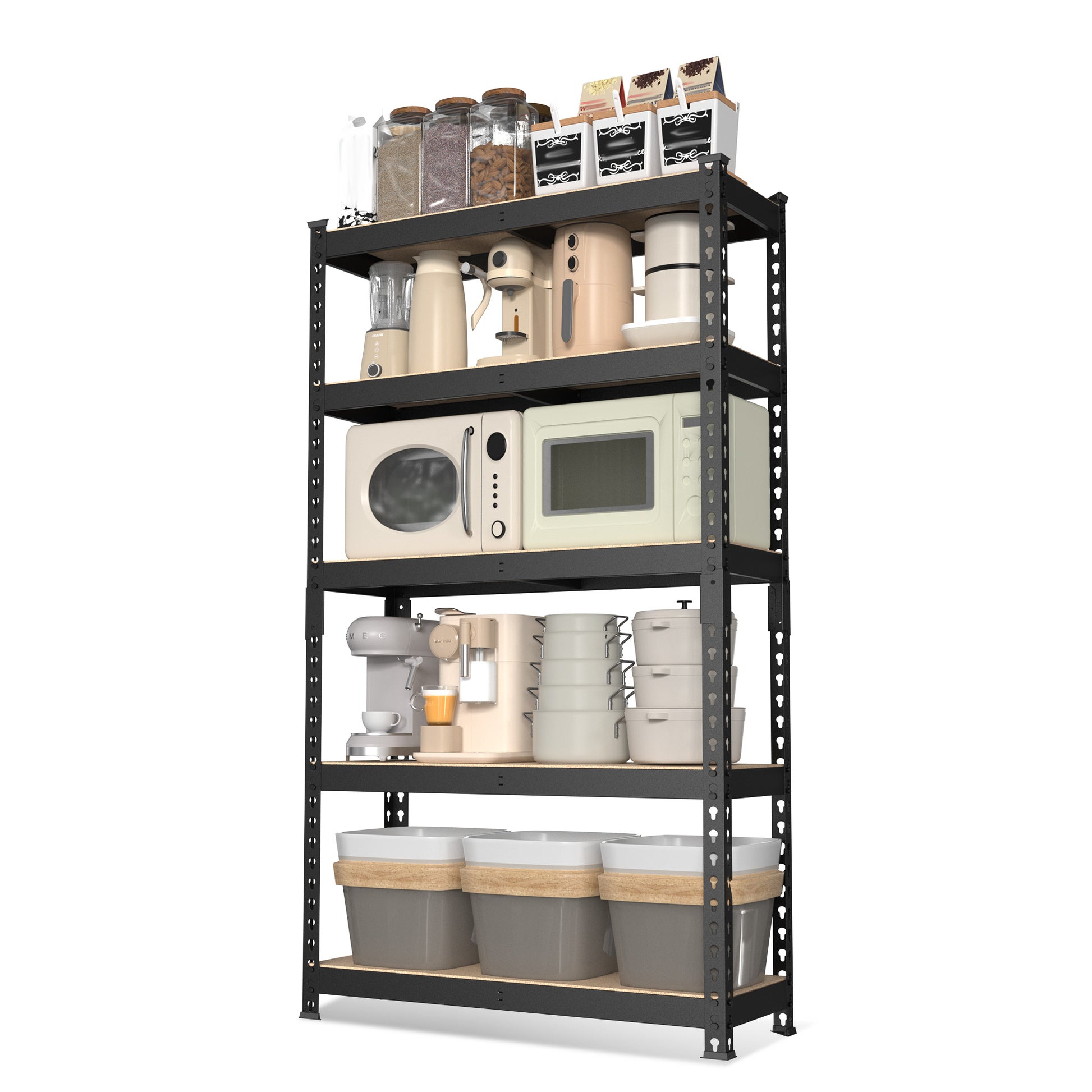 5-tier steel storage rack with MDF shelves, black frame, adjustable level shelving
