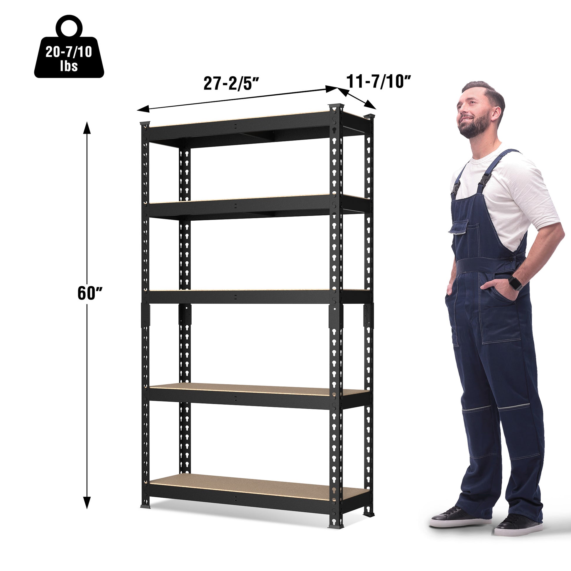 Adjustable 5-tier steel shelving rack with open frame and particleboard shelves