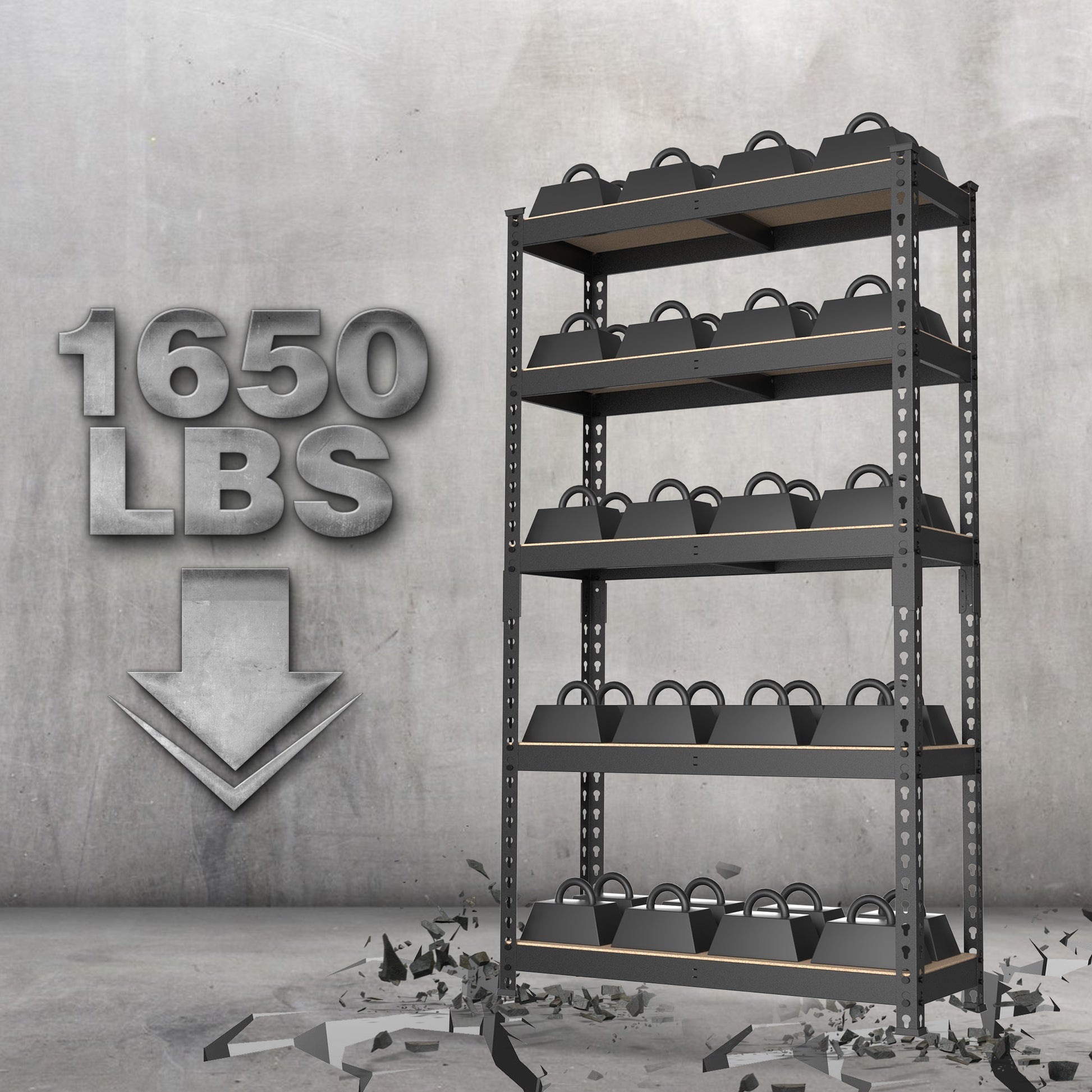 Heavy-duty 5-tier steel storage rack with MDF boards for high total load capacity