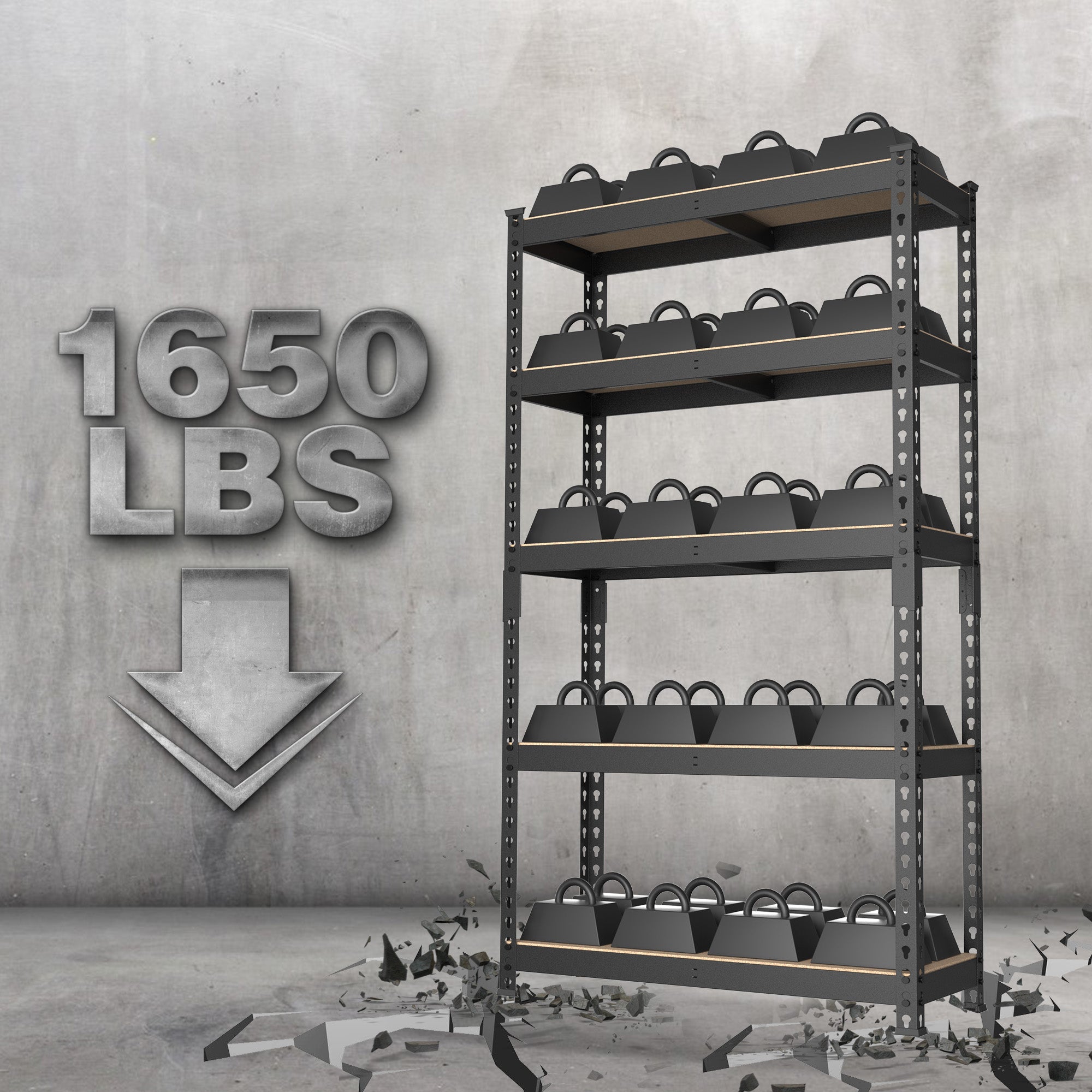 Heavy-duty 5-tier steel storage rack with MDF boards for high total load capacity
