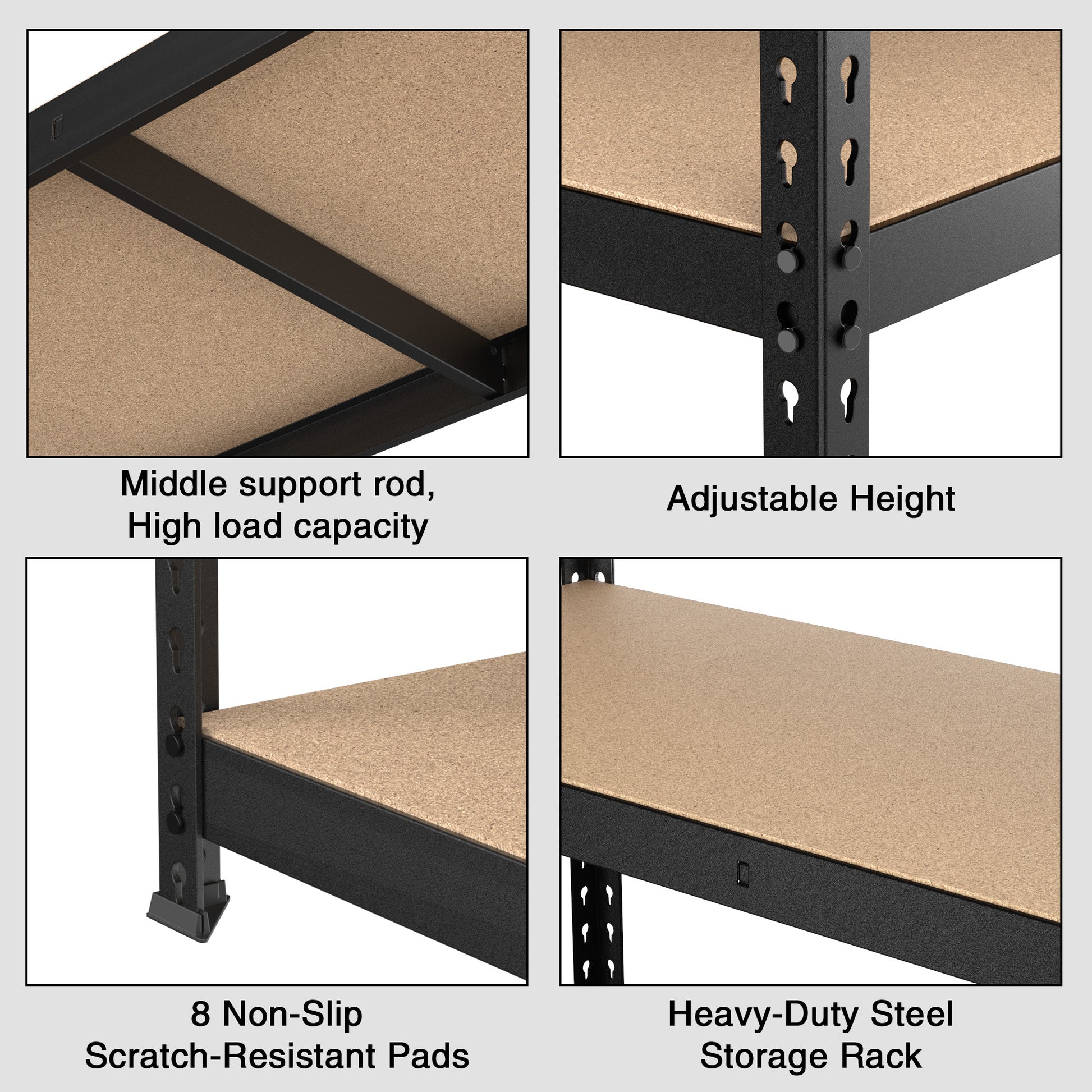 Adjustable steel shelf rack with scratch-resistant pads and high-load middle support