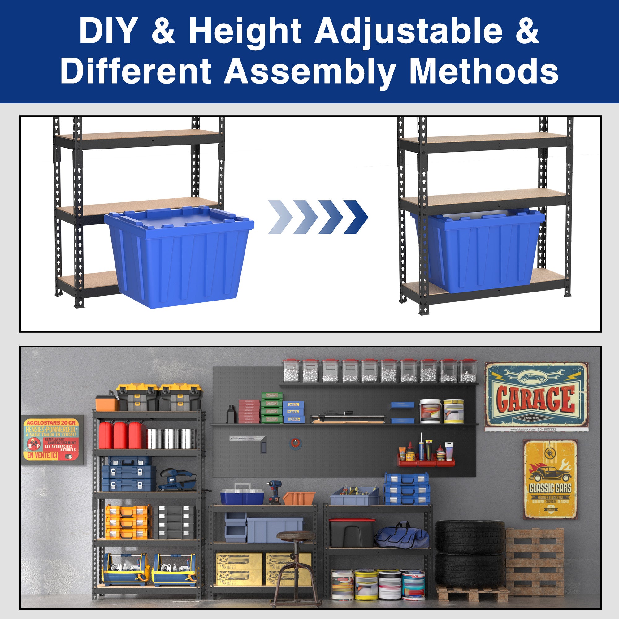 DIY assembly diagram showing height-adjustable steel shelving with multiple setup steps