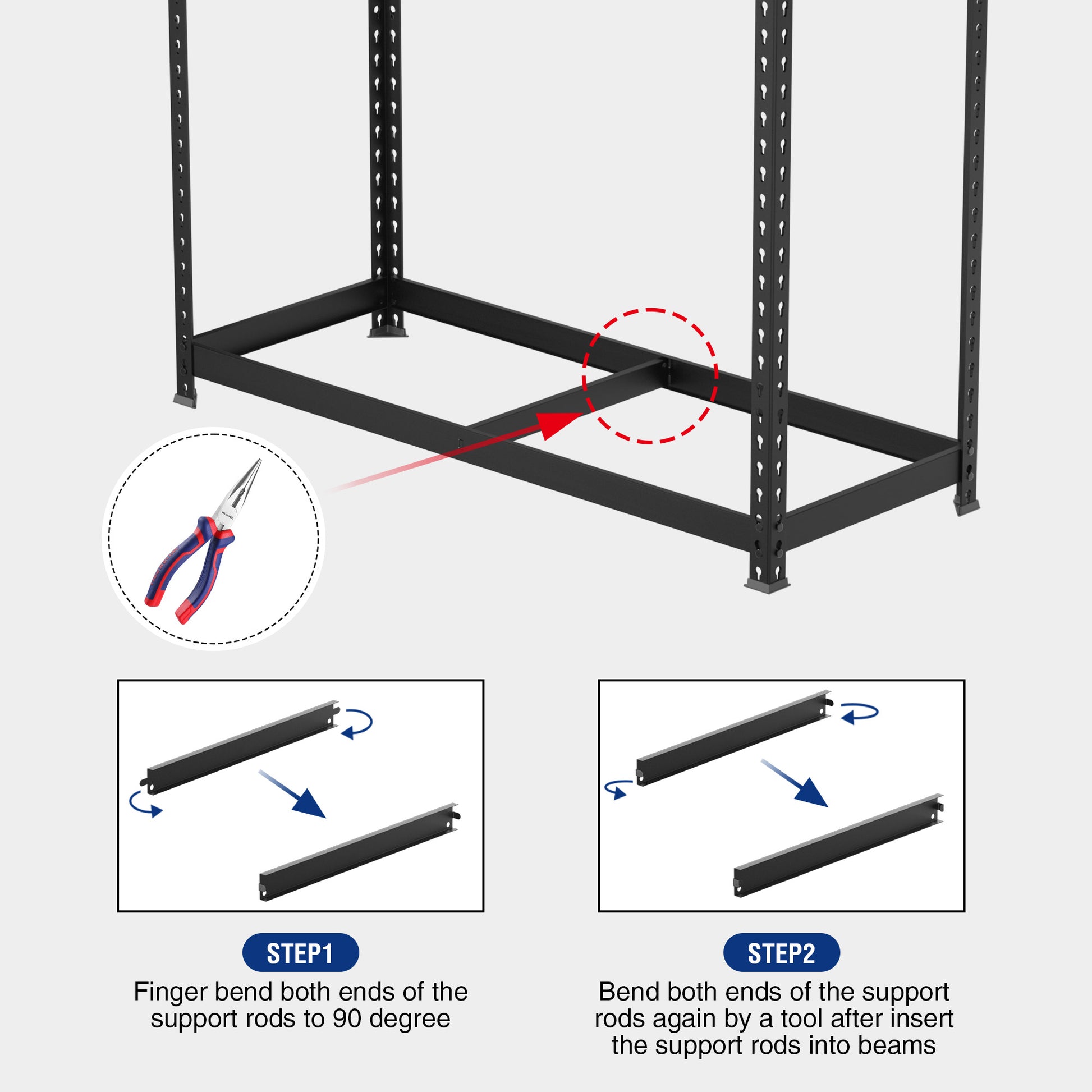 Steel shelving frame detail with support rods and step-by-step installation for beams