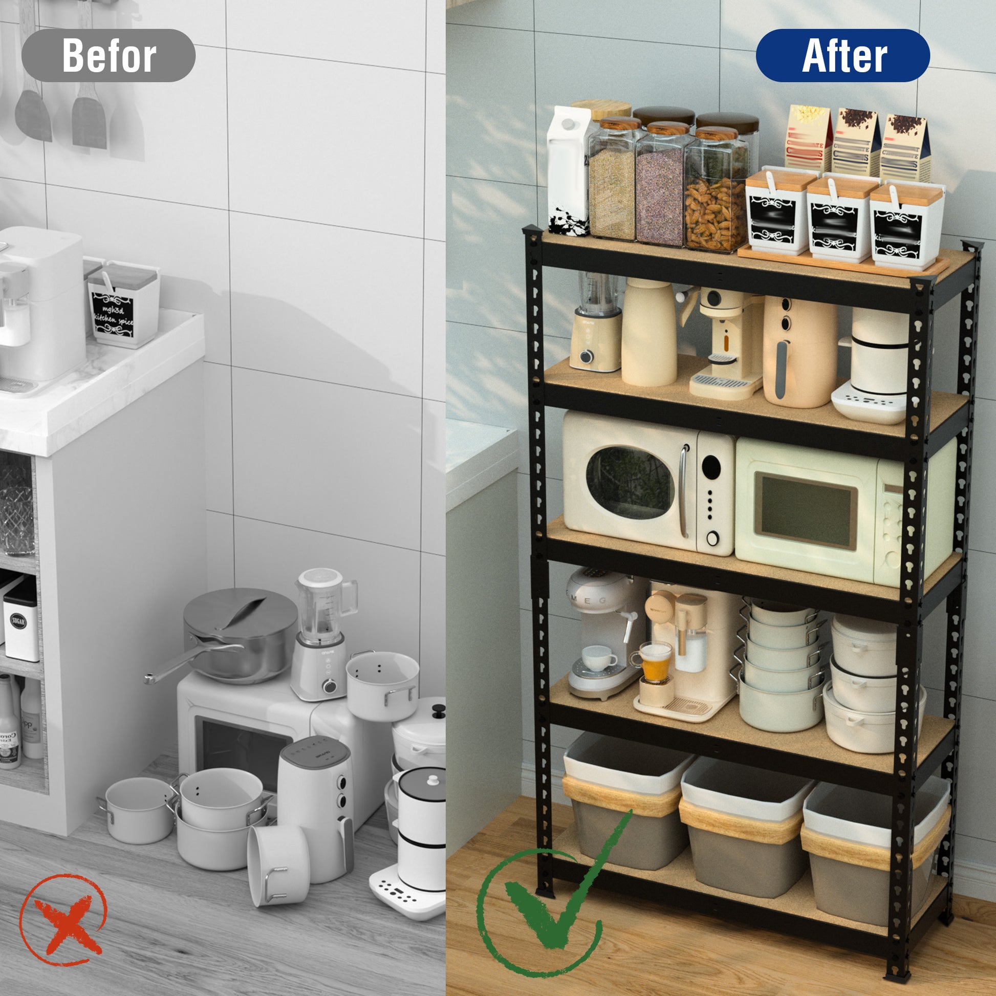 5-tier steel shelving rack organizing kitchen items with adjustable wooden-look shelves