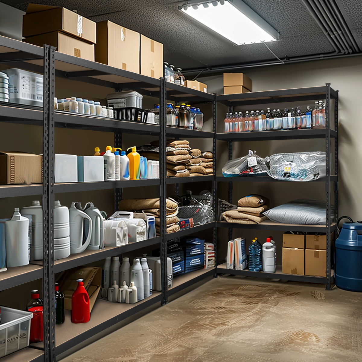 Metal 5-tier storage shelving unit with MDF shelves and perforated uprights, open design