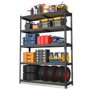 5-tier steel shelving unit with dark MDF shelves and perforated uprights for storage