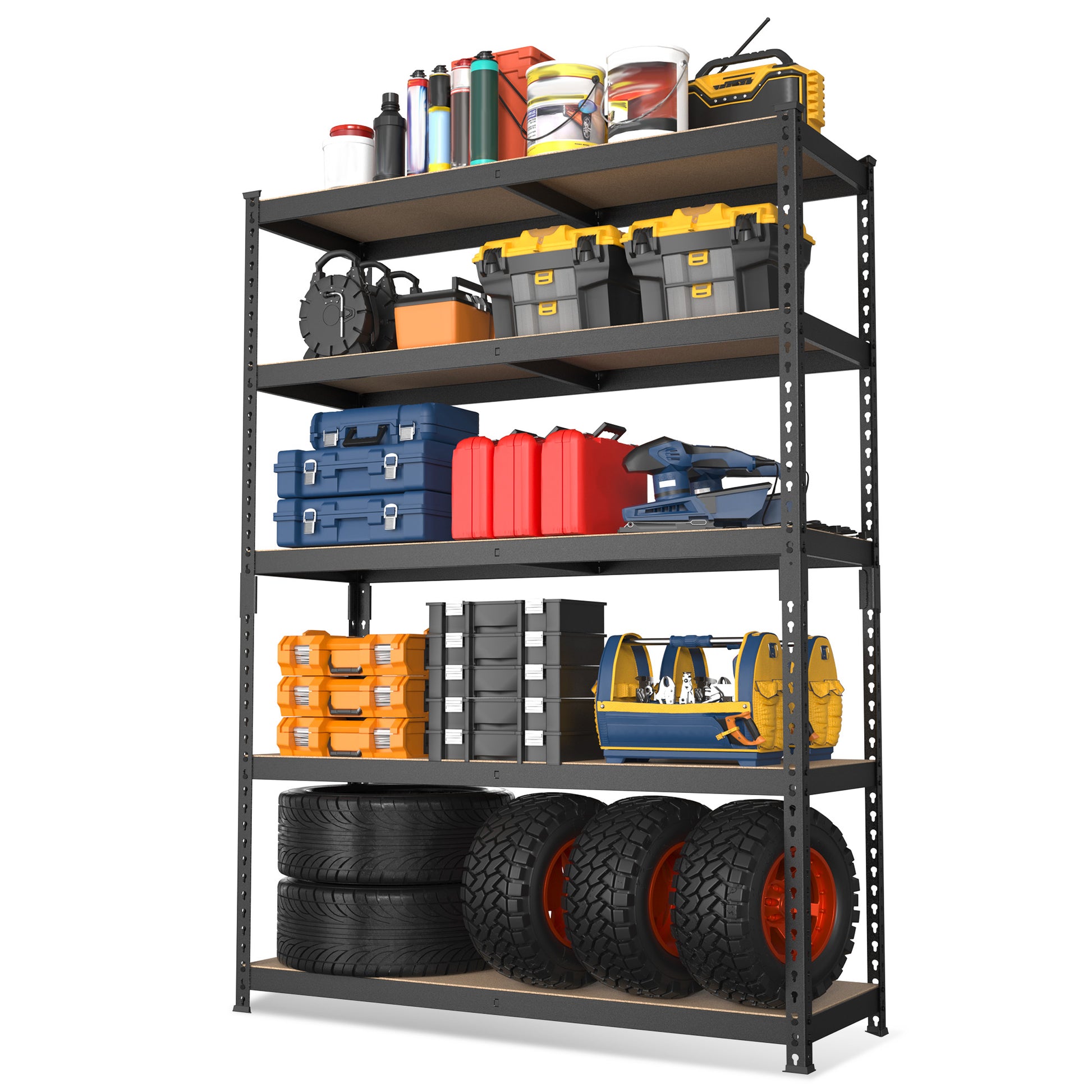 5-tier steel shelving unit with dark MDF shelves and perforated uprights for storage