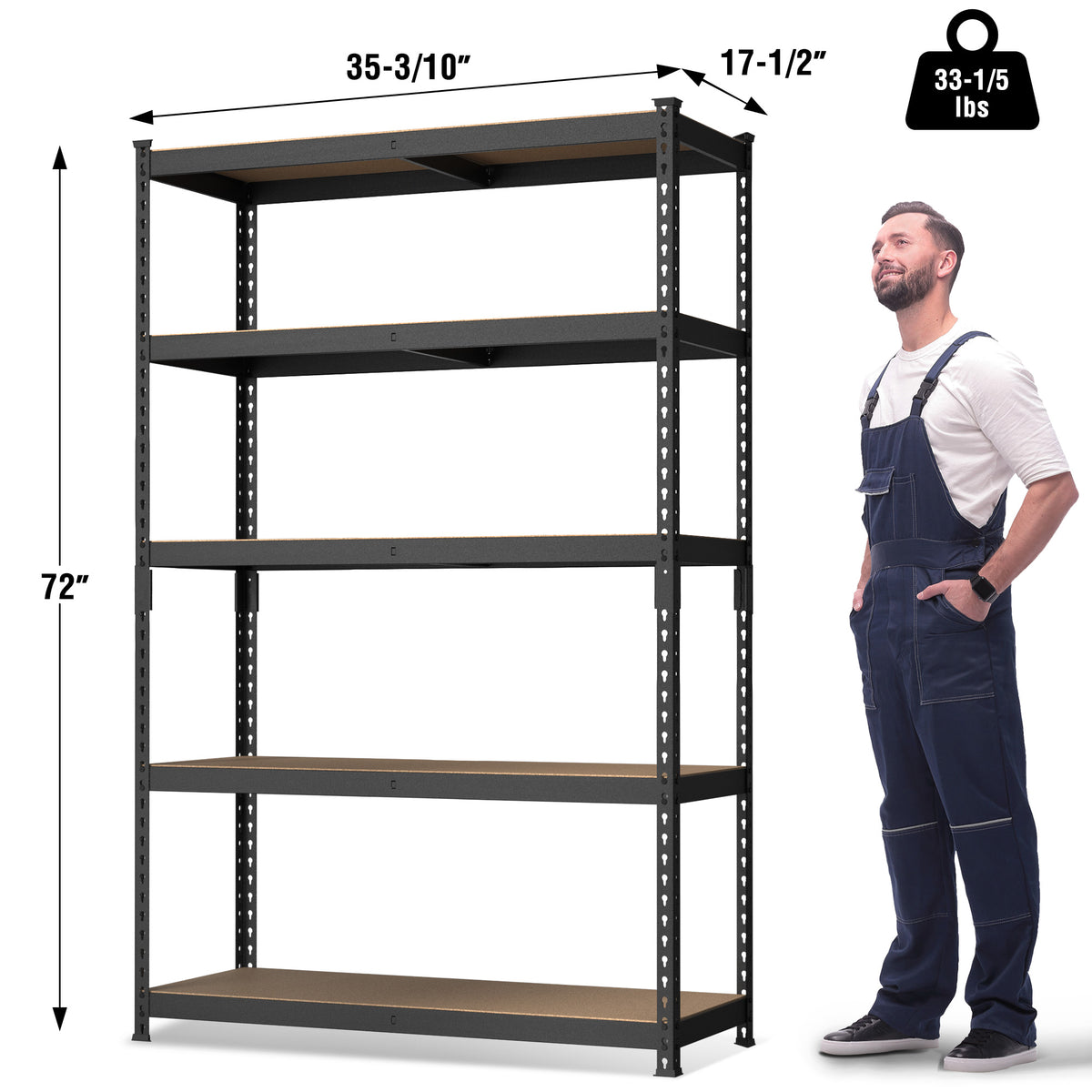 5-tier adjustable metal storage rack with MDF boards and perforated side frames