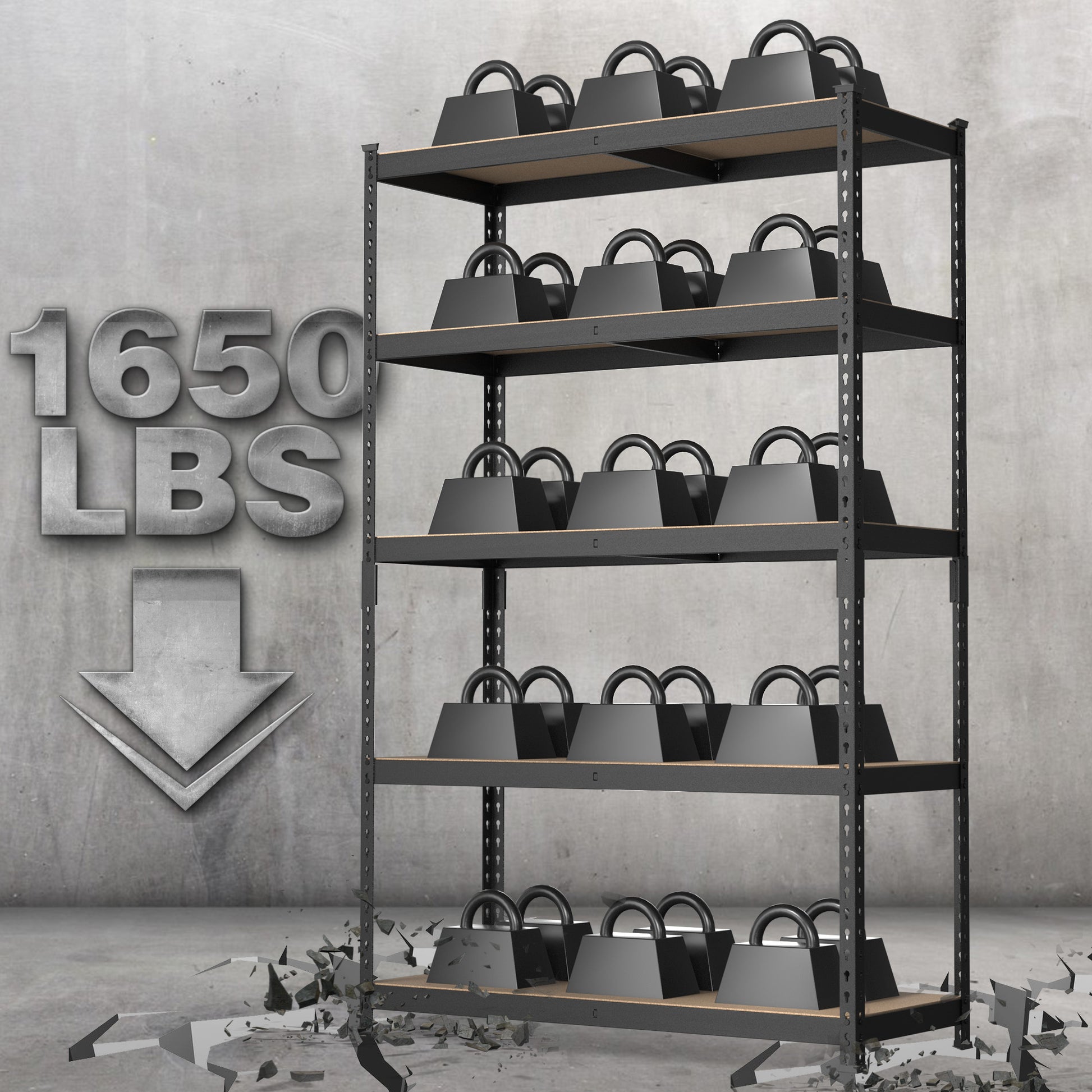 Tall 5-tier heavy-duty steel shelving rack with MDF shelves and upright grid frame
